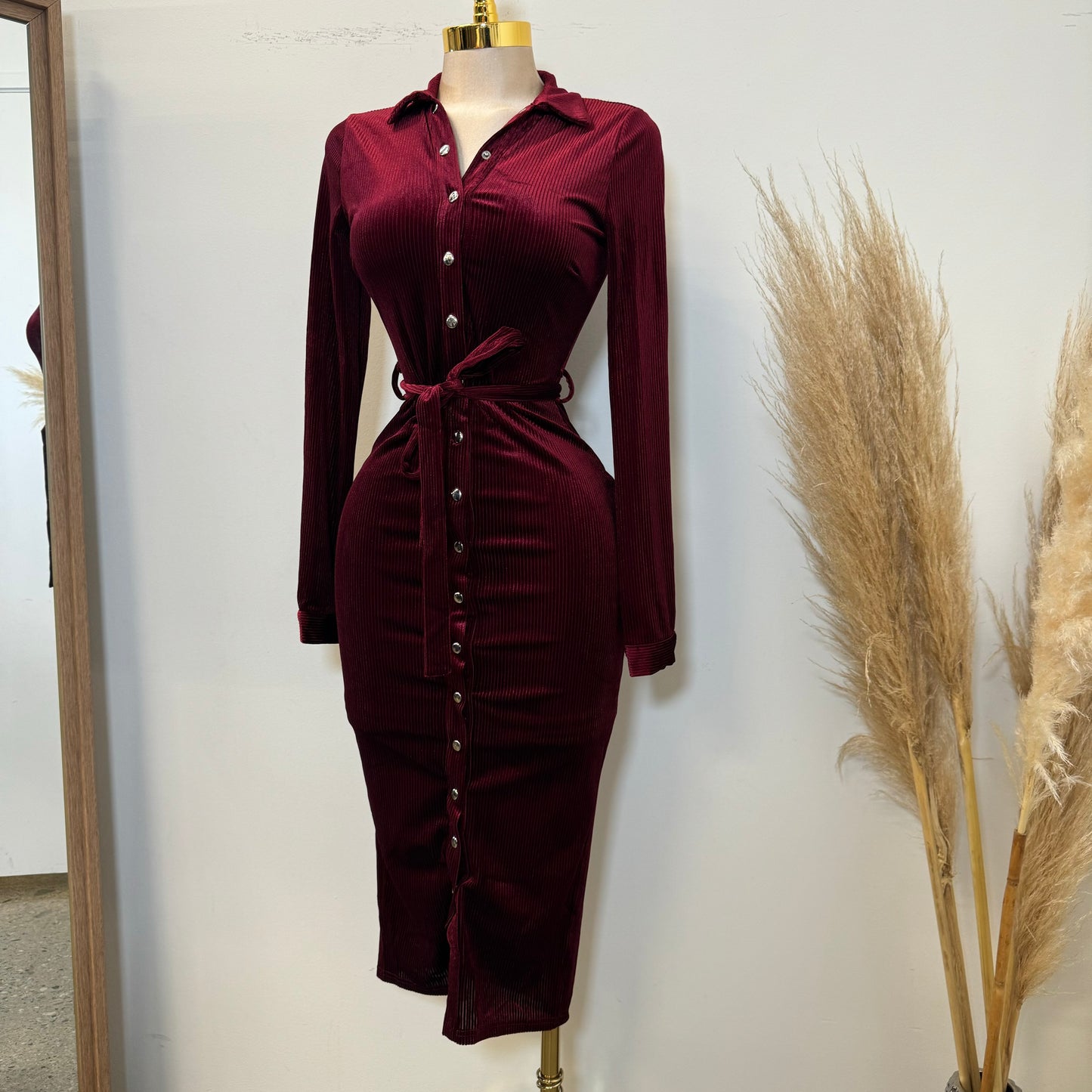 Lena Corduroy Button Down Midi Dress-Burgundy