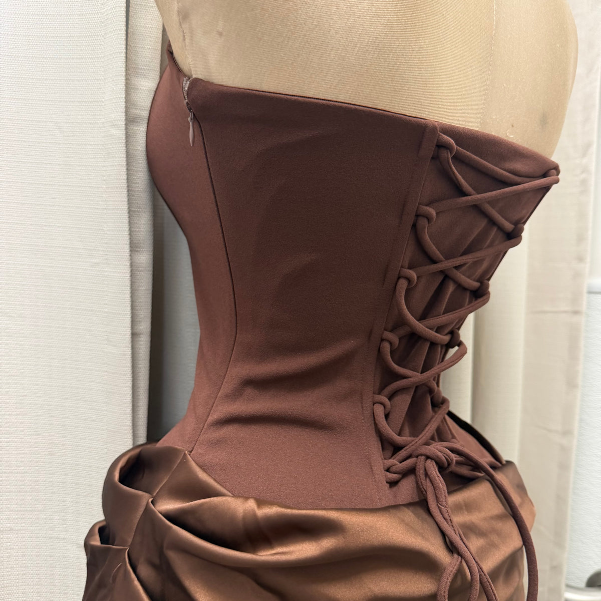 Satin Strapless Sweetheart Neckline Cowl Hip lace Maxi Dress-Brown