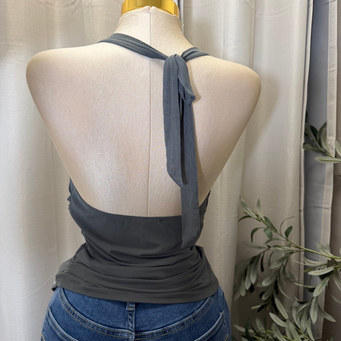 Cowl Neck Halter Ruched Top-Charcoal