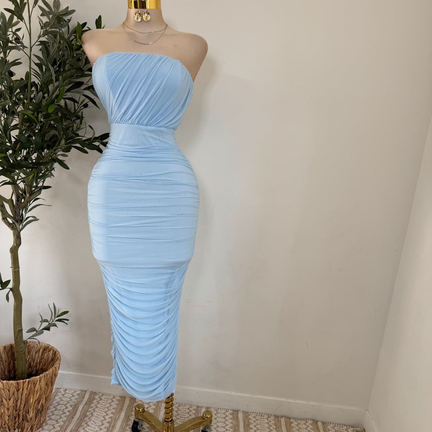 Mesh Off Shoulder Maxi Dress-Baby Blue