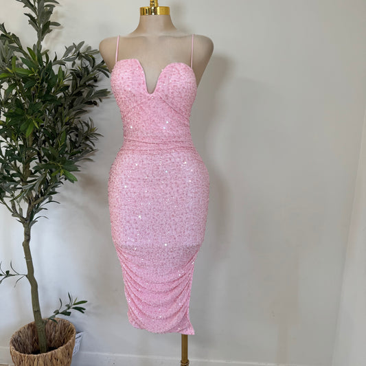 Bead and Sequin Ruched Midi dress-Baby Pink