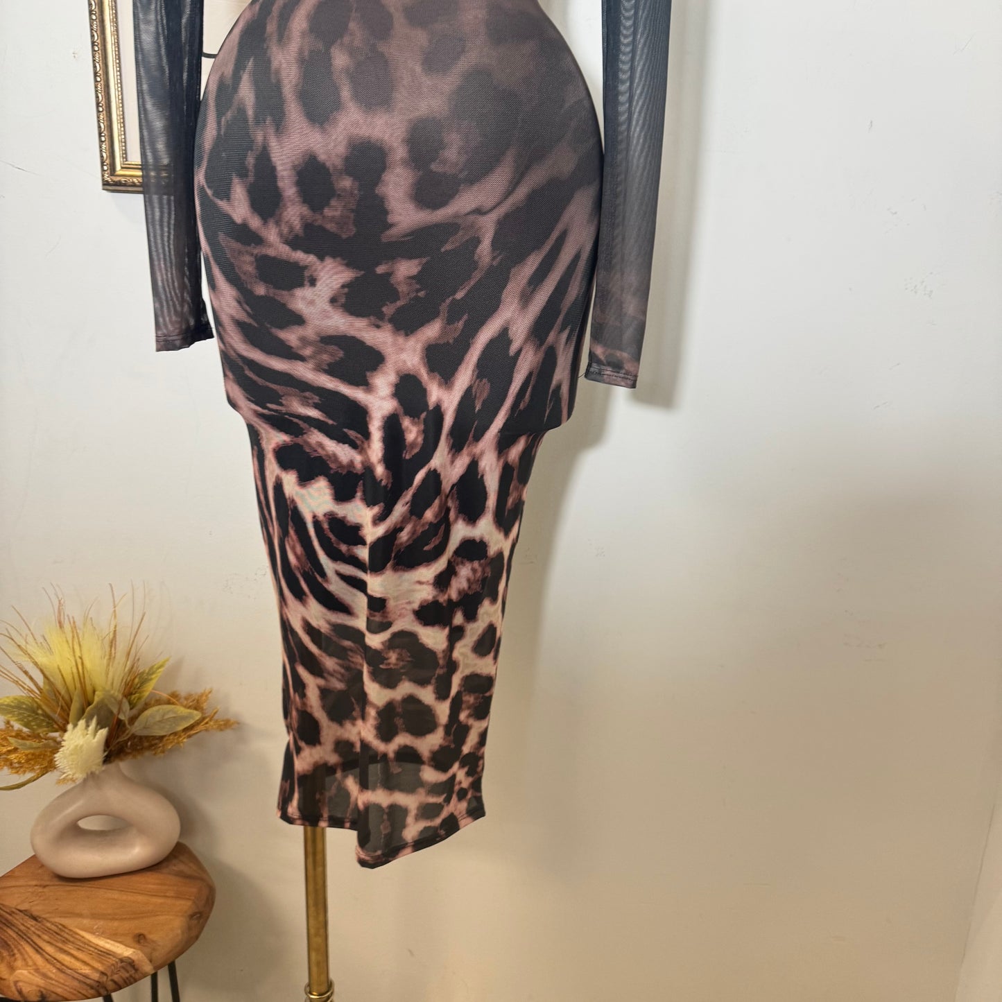 Animal Ombré Midi Mesh Dress-Black/Brown