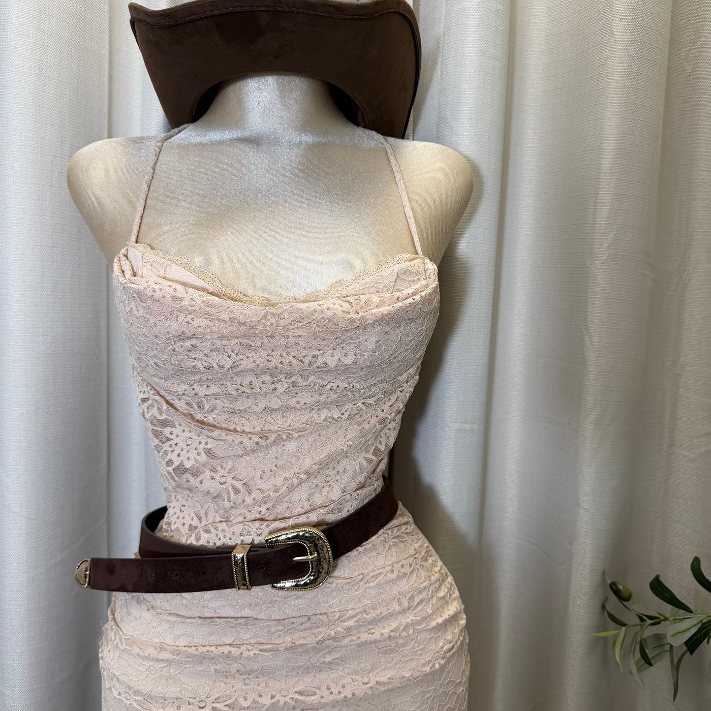 Mismaloya Lace Maxi Dress with Open Back & Tie Detail-Mocha