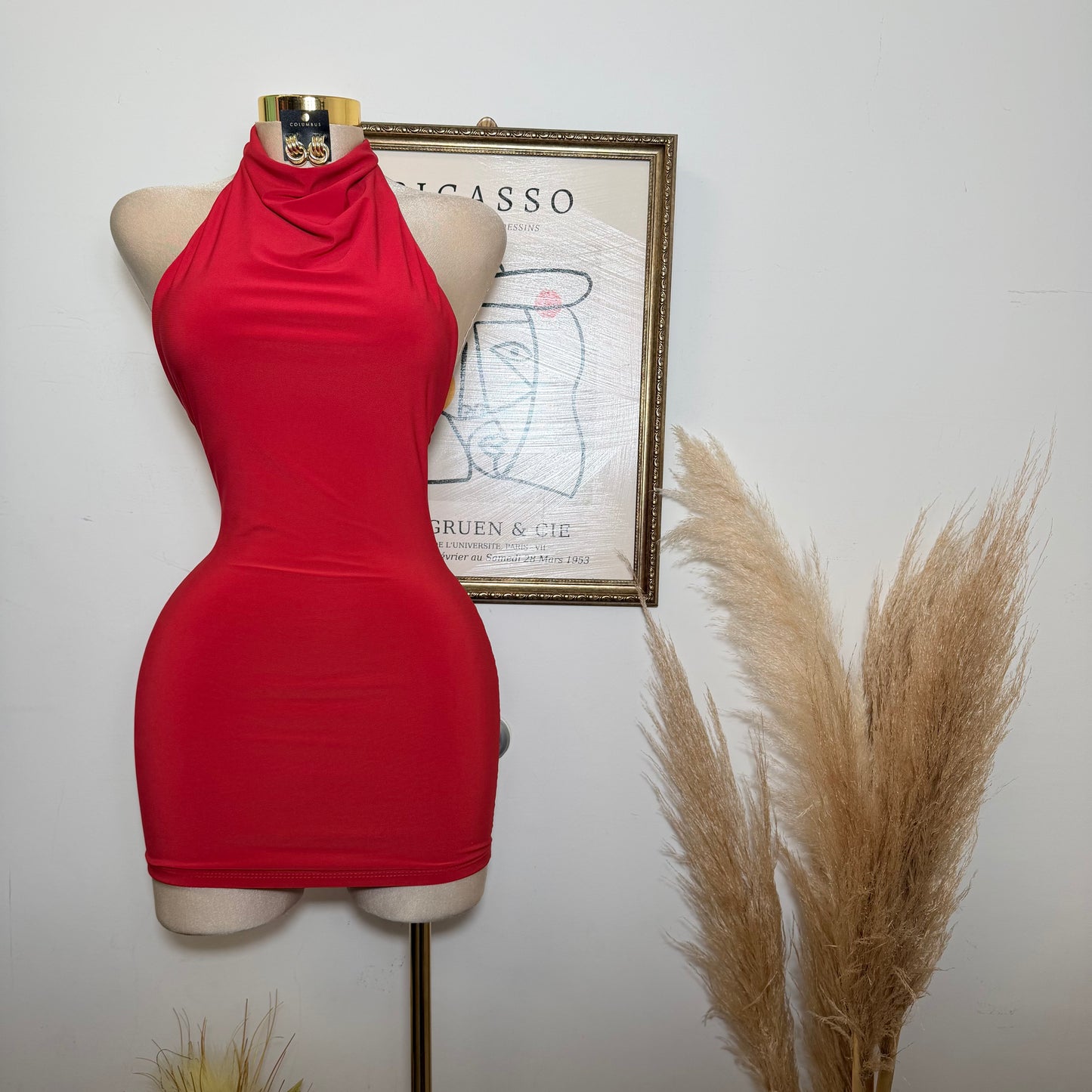 Sleeveless Halter Cowl Neckline Mini Dress-Red