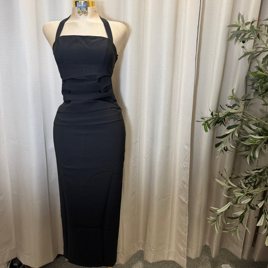 Halter Neck Structured Back Slit Maxi Dress-Black