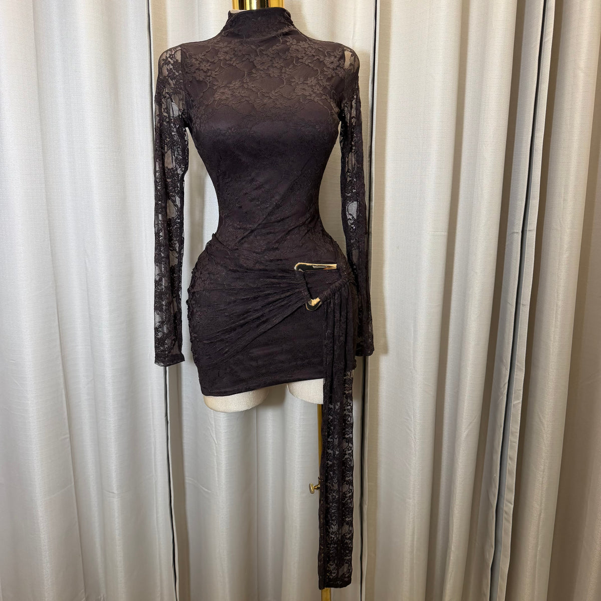 Long Sleeve lace front  Sash With Trim Detail Mini Dress-Brown