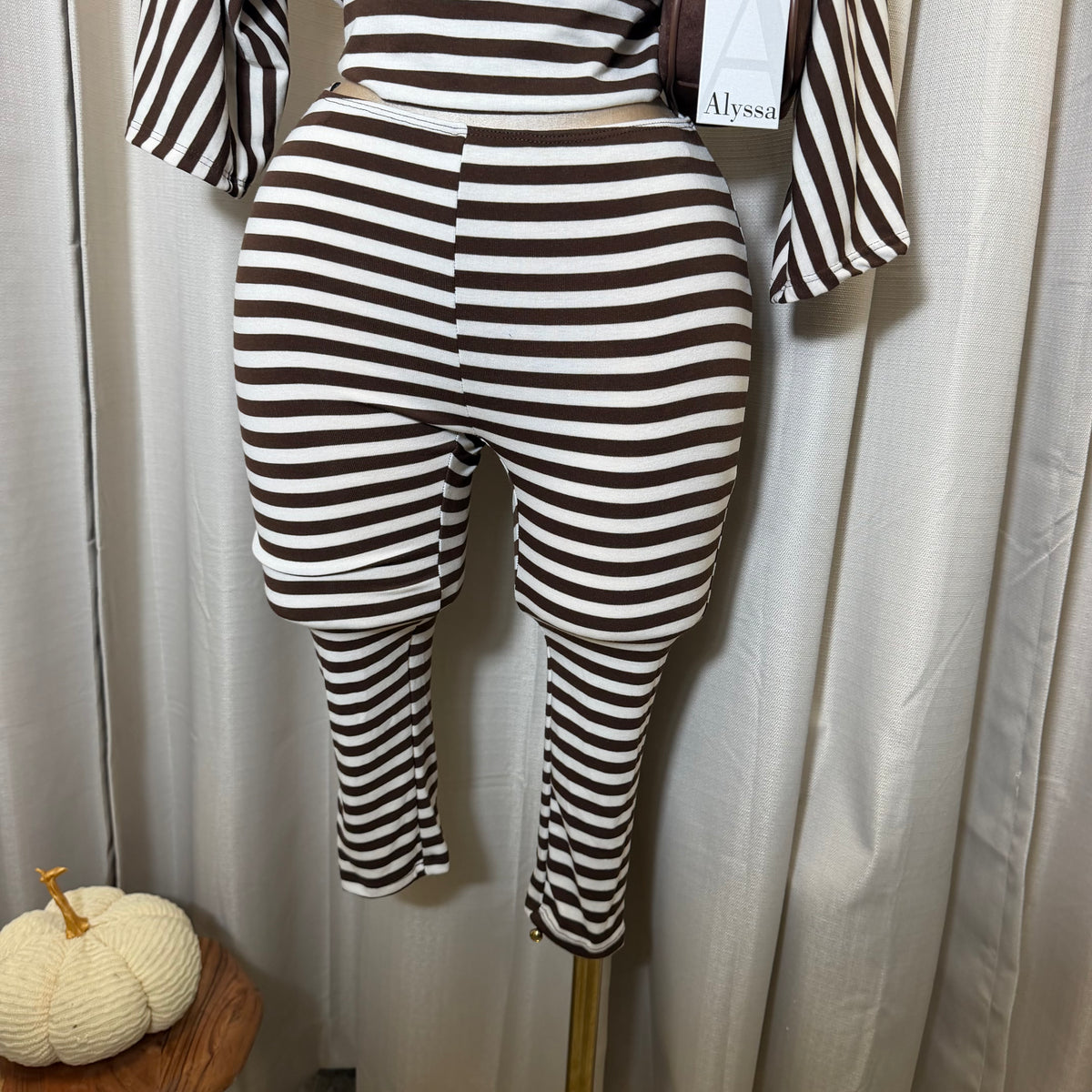 Crop Top Capri stripe set-Chestnut/Off white