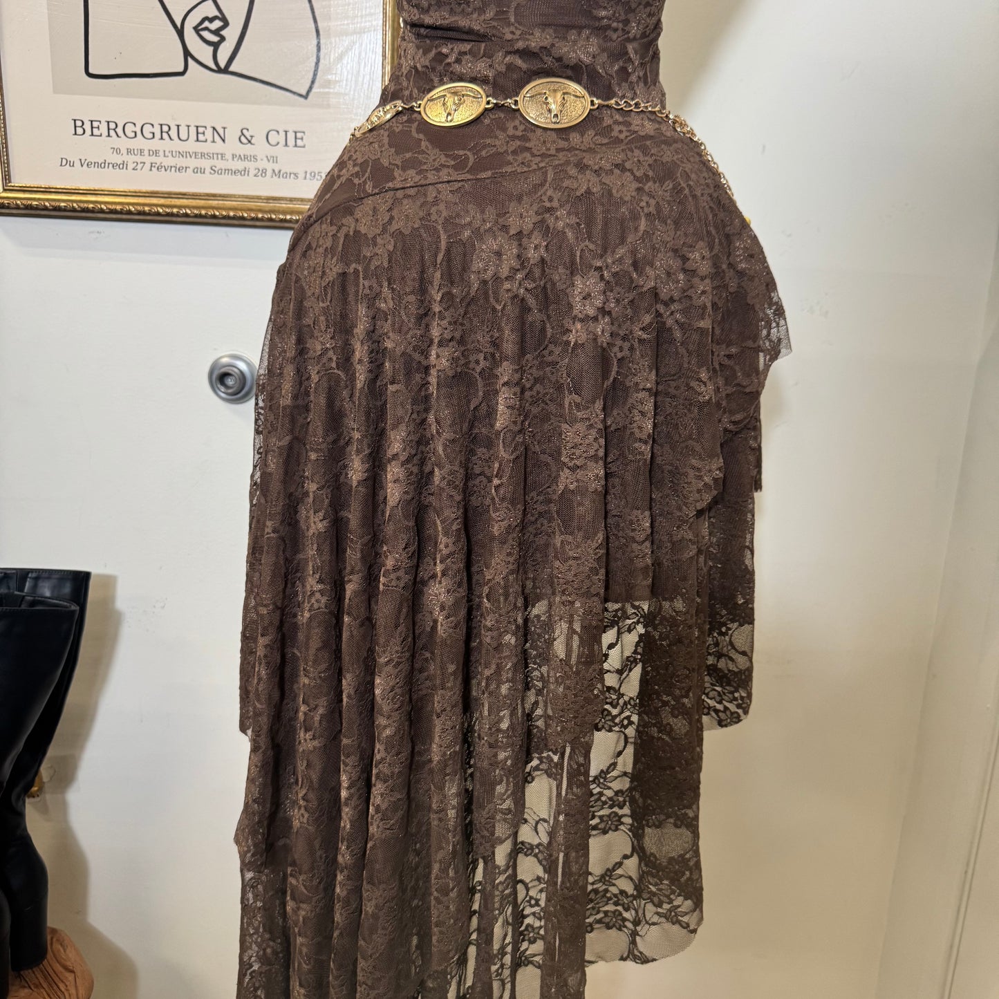 Lace Double Layer Ruffle Asymmetrical Maxi Dress-Brown