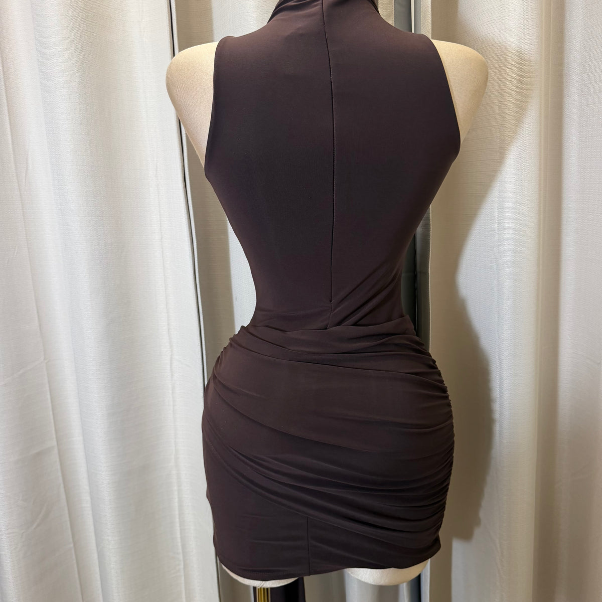 Mock Neck Front Sash With Trim Detail Mini Dress-Brown