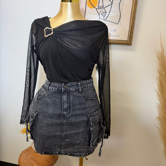 Cargo Denim Mini Skirt PL -Black