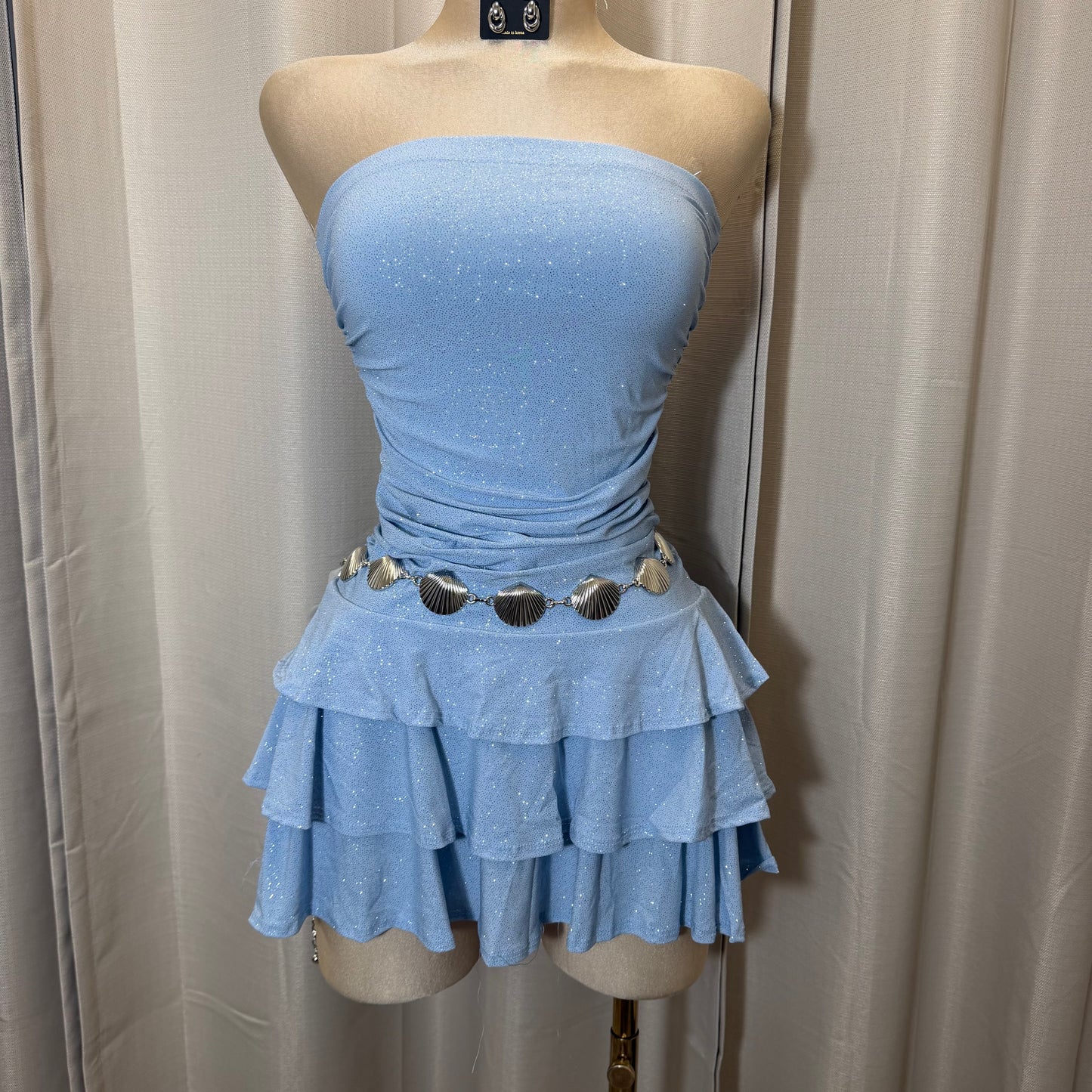 Glitter Strapless Tube Flare Dress-Blu