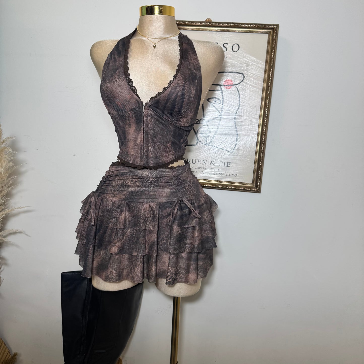 Printed Halter Top and Skirt Set-Chocolate