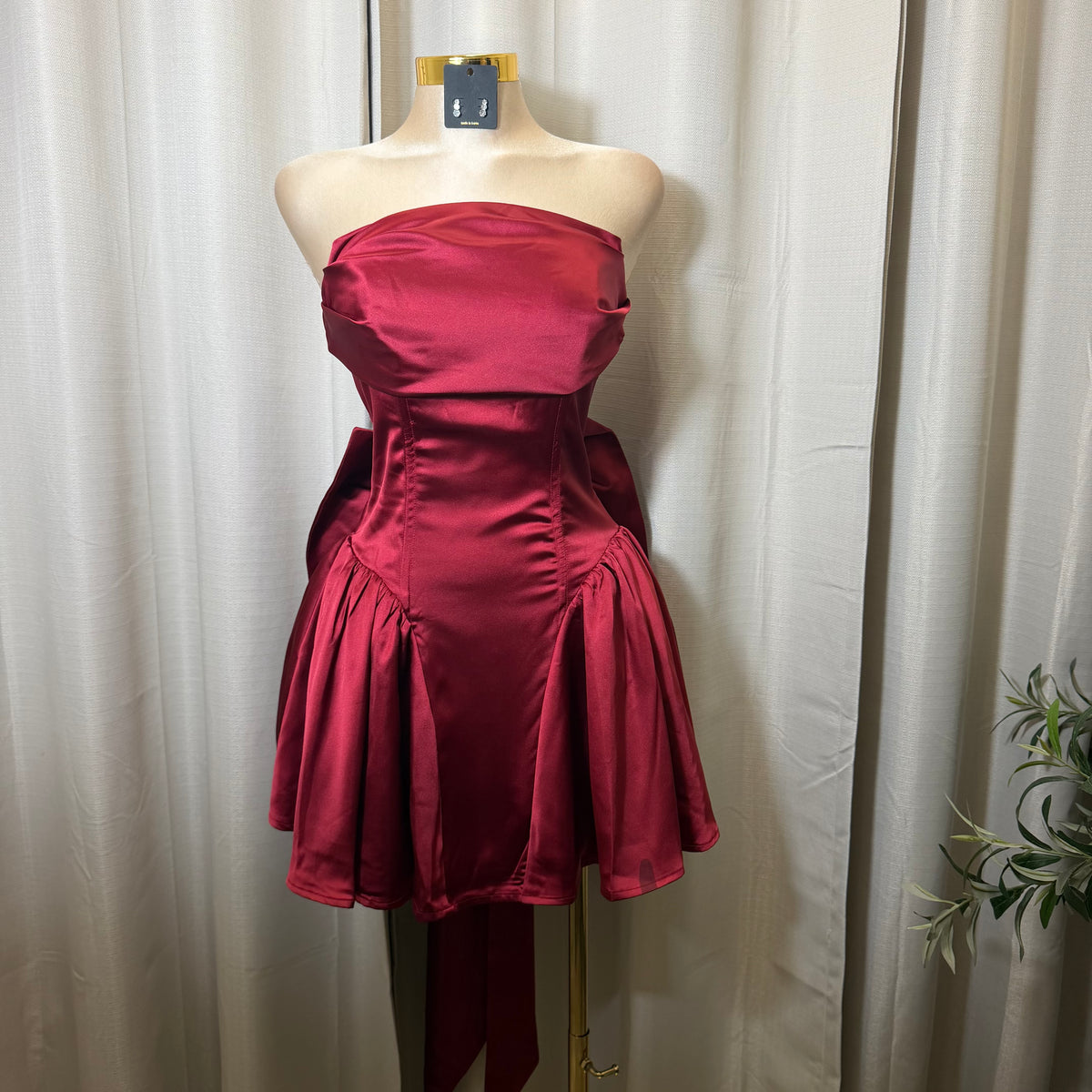 Satin Strapless Corset Lace up Bow Mini Dress-Burgundy