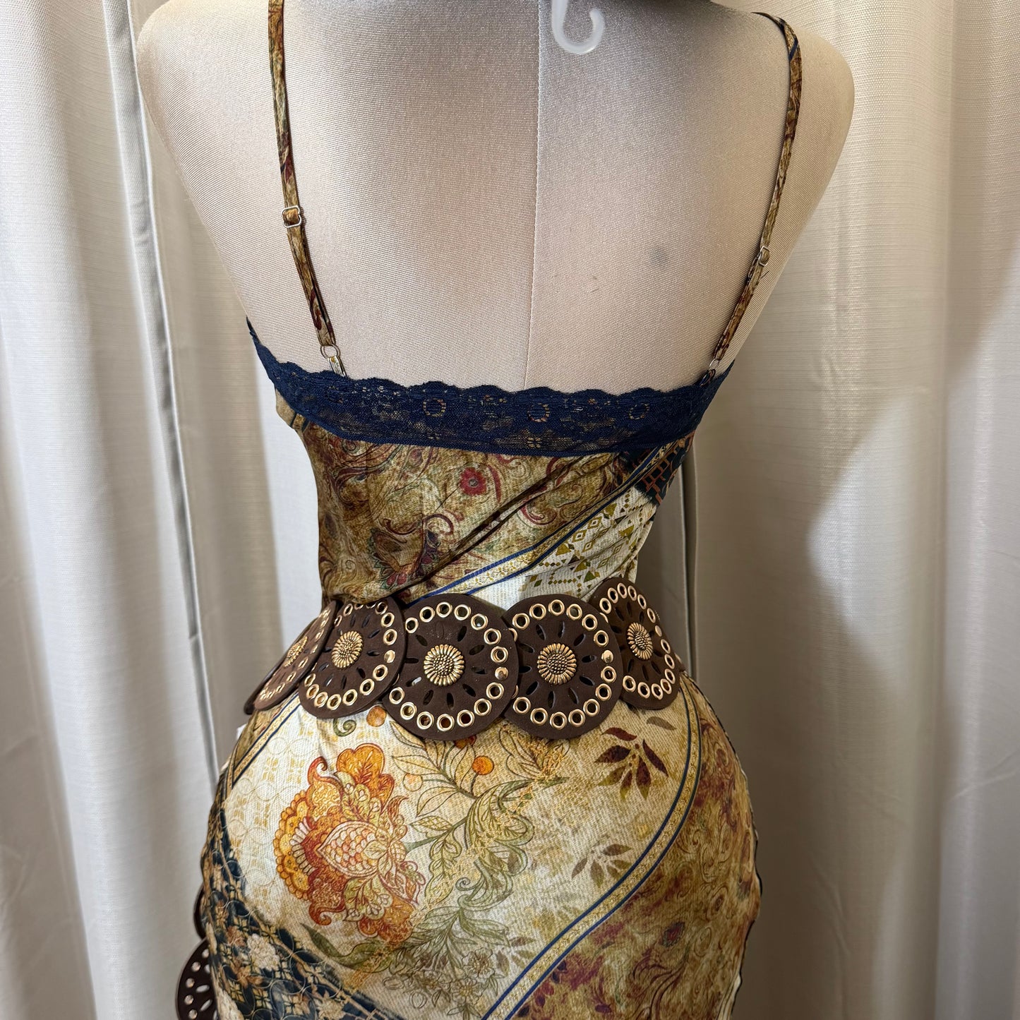 Printed Satin Lace trim Slip Dress-Brown Combo