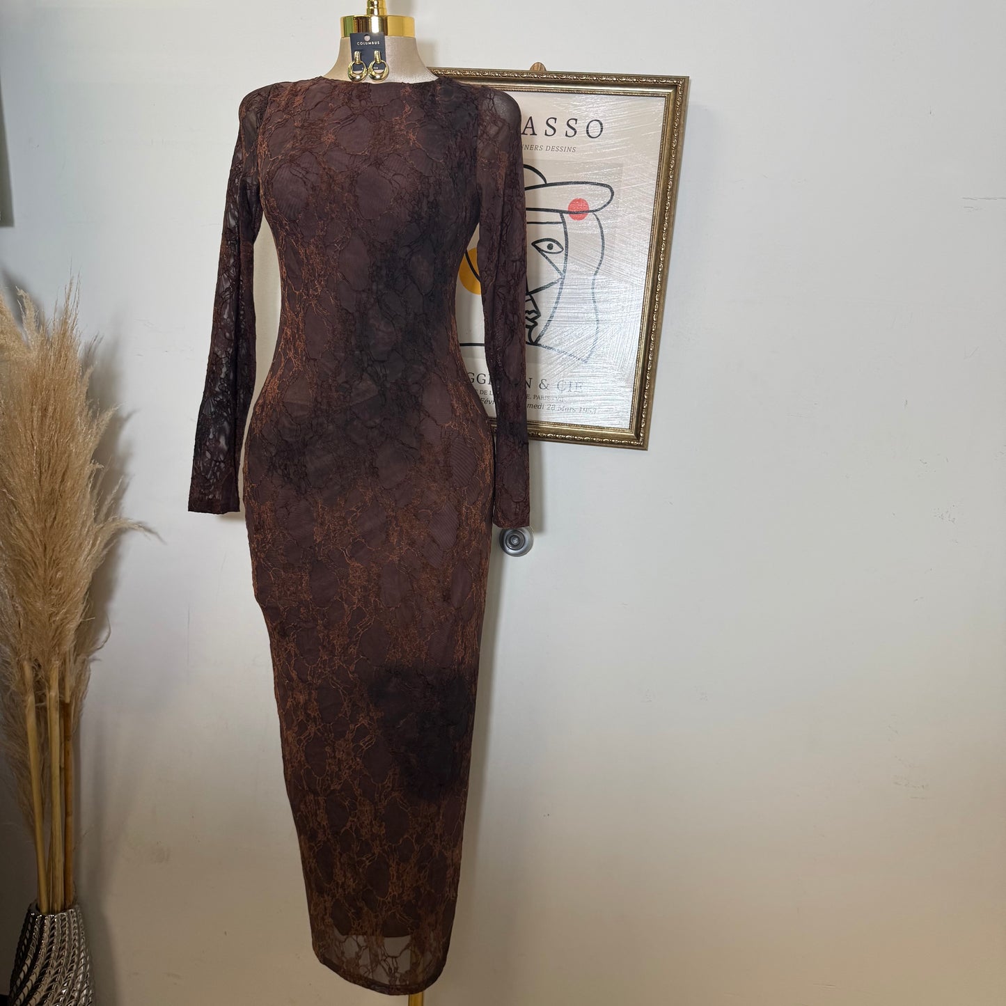 Tie Back Burnout Mesh Print Long Sleeve Maxi Dress-chocolate