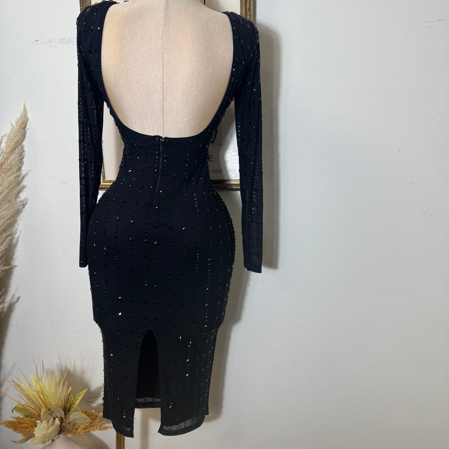 Square Rhinestone On Mesh Midi Dress-Black