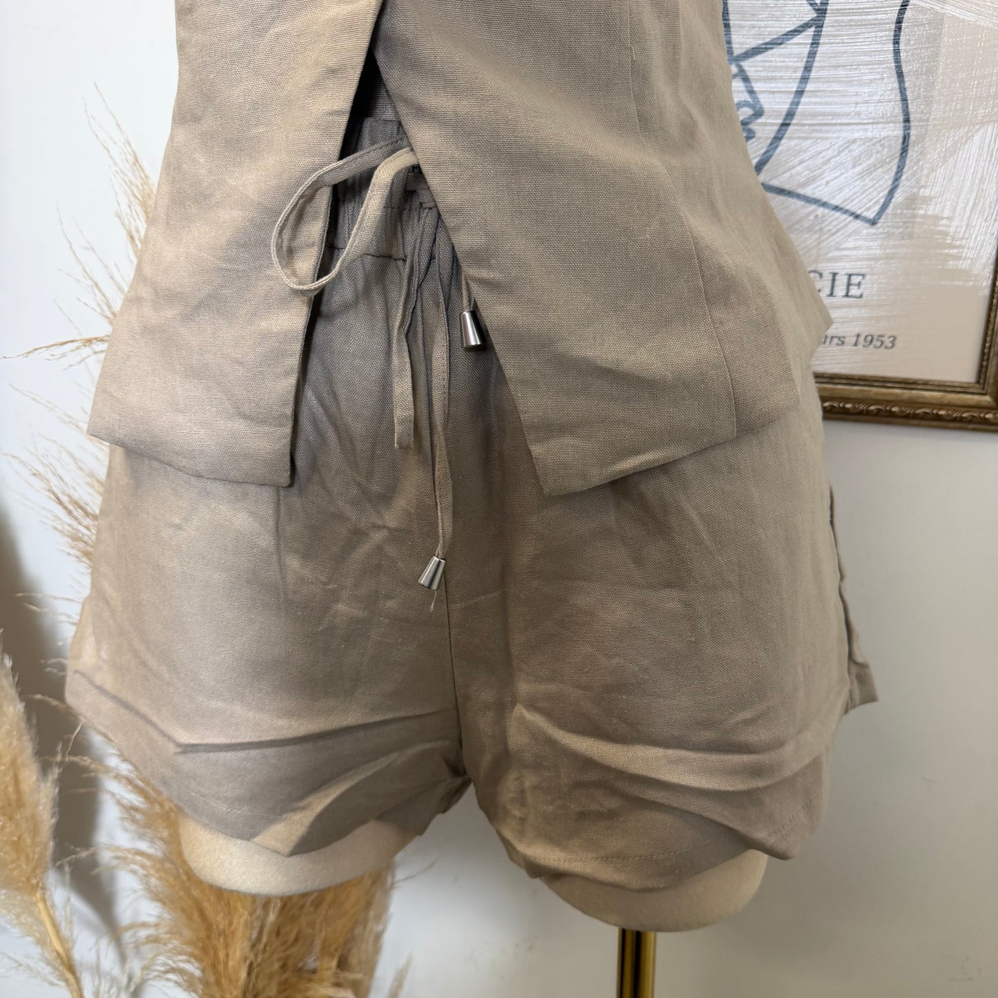 Vest Linen Set Shorts-Mushroom