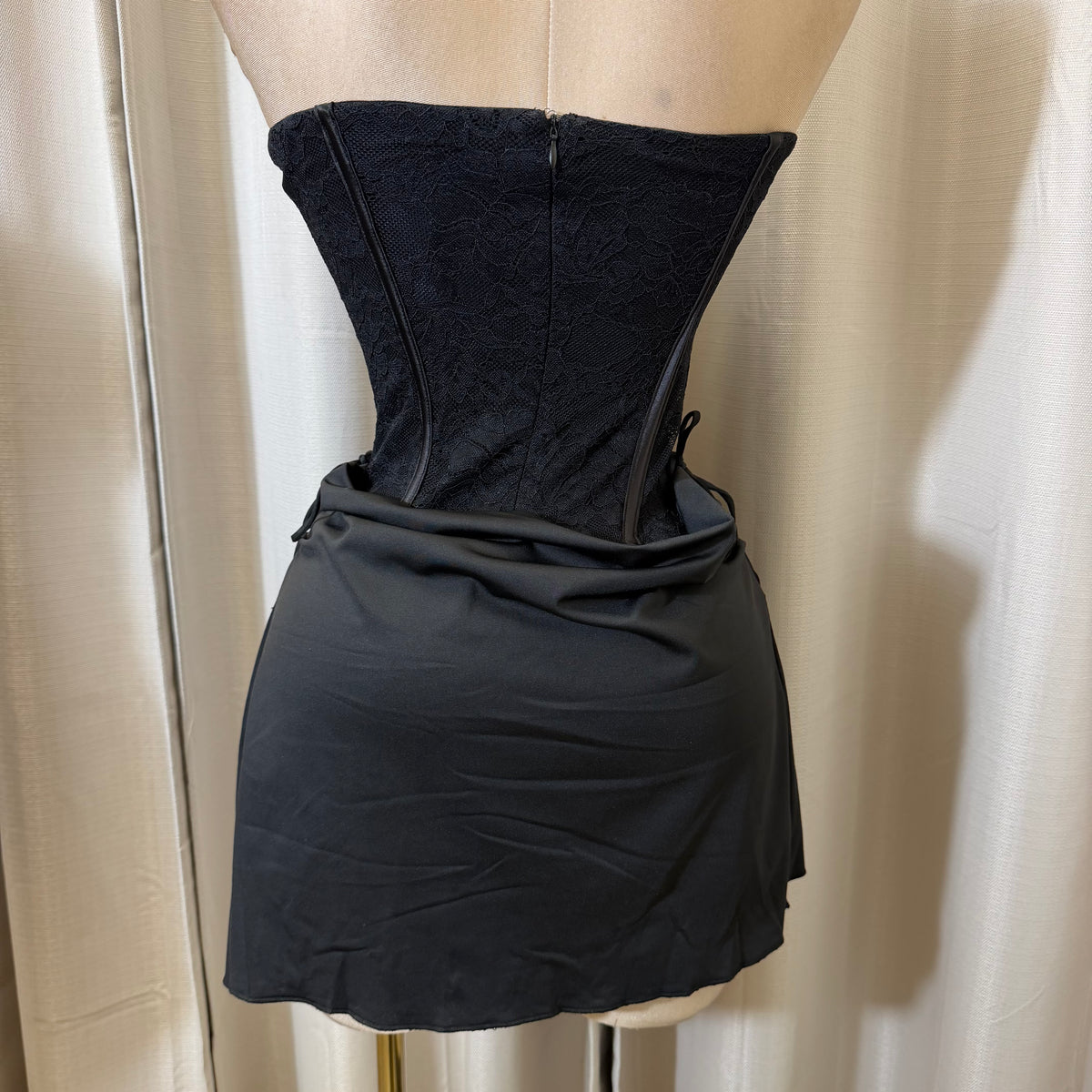 Strapless Lace Corset Cowl Front Mini Dress-Black