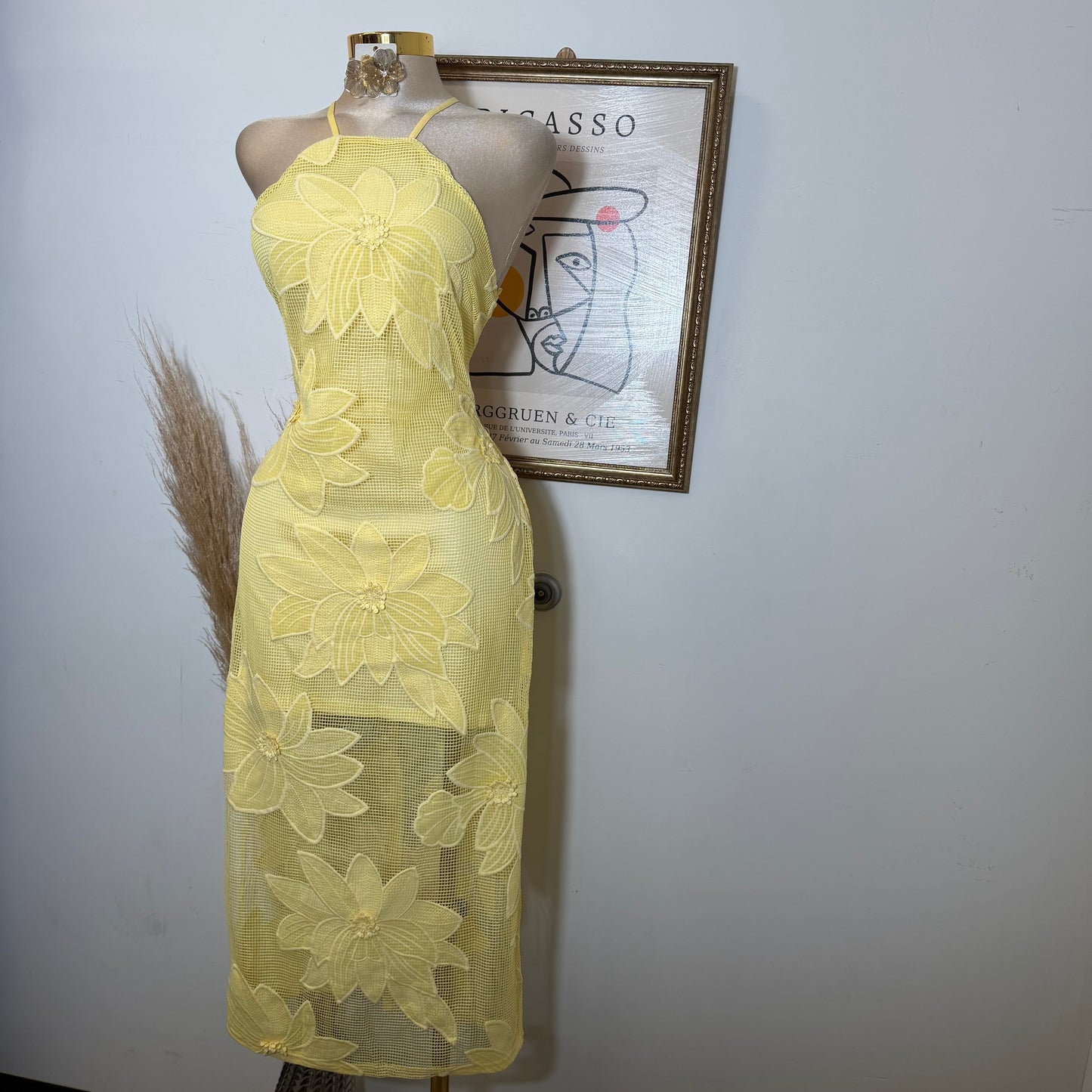 Halter Neck with Lace up back Midi Dress- Yellow