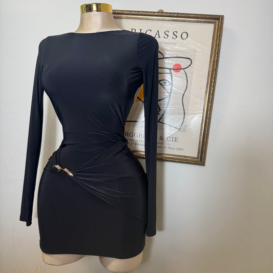 Long Sleeve Drape Trim Detail Mini Dress-Black