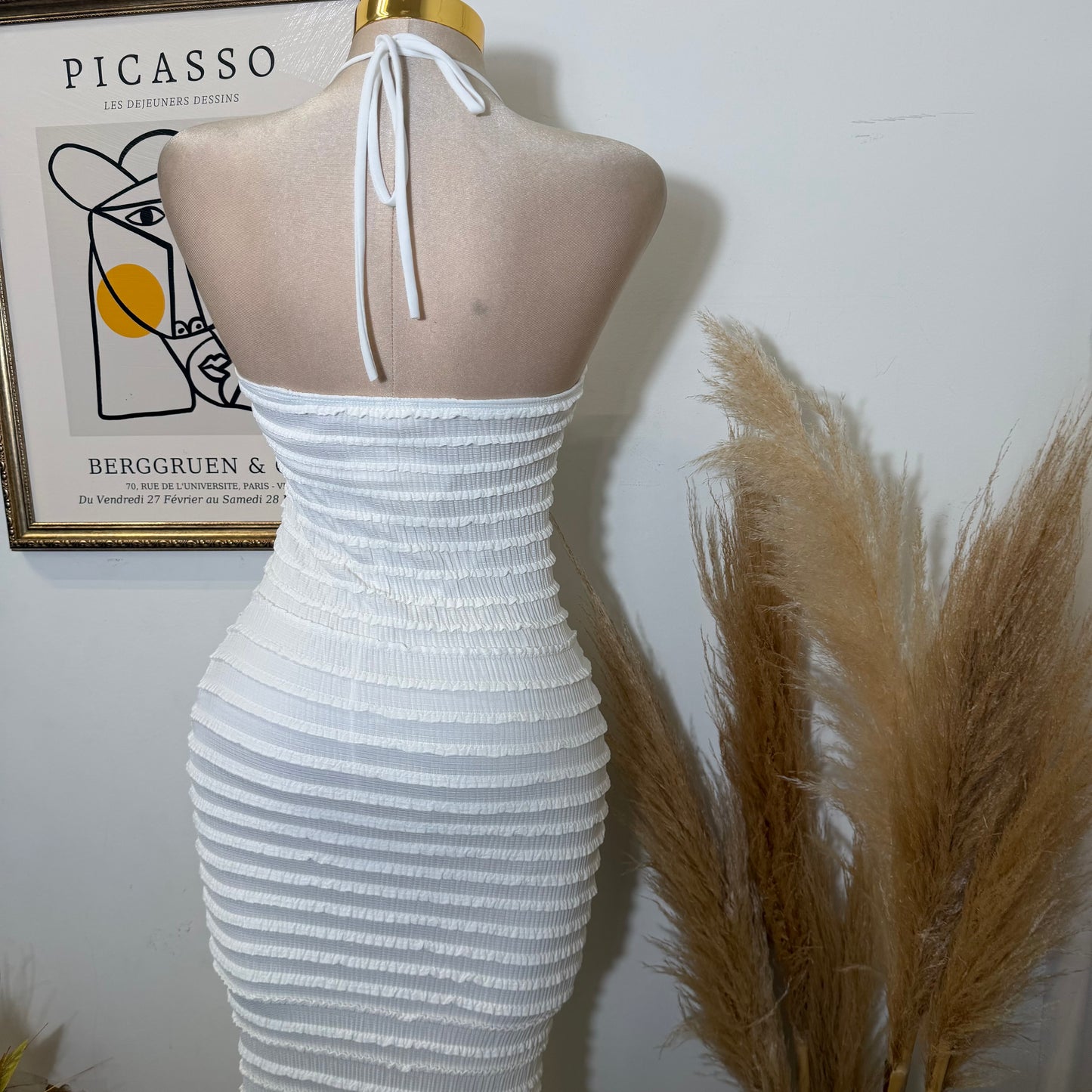 Texture Fabric Turban Shell Metal Trim Halter Maxi Dress-Ivory