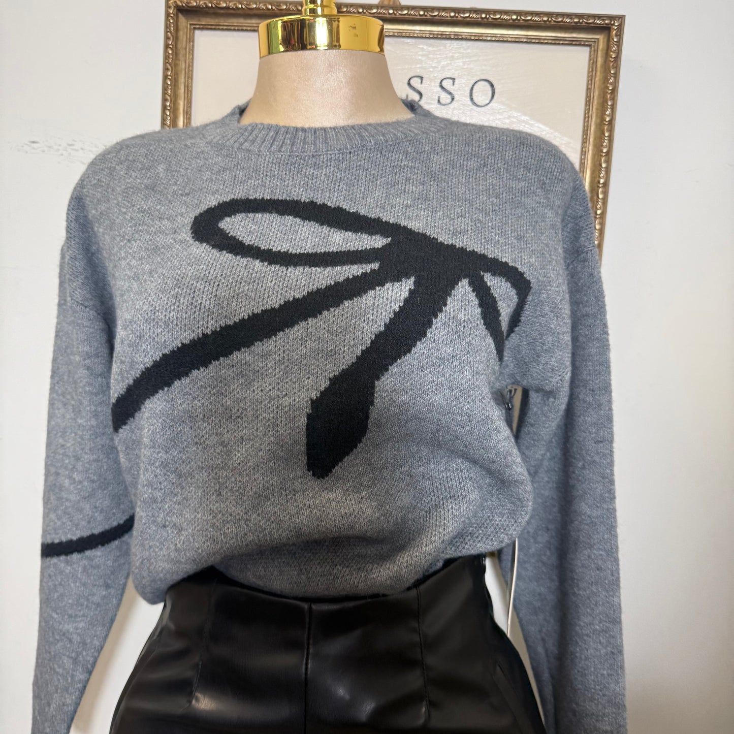 Ribbon Jacquard Sweater Top-Heather Grey