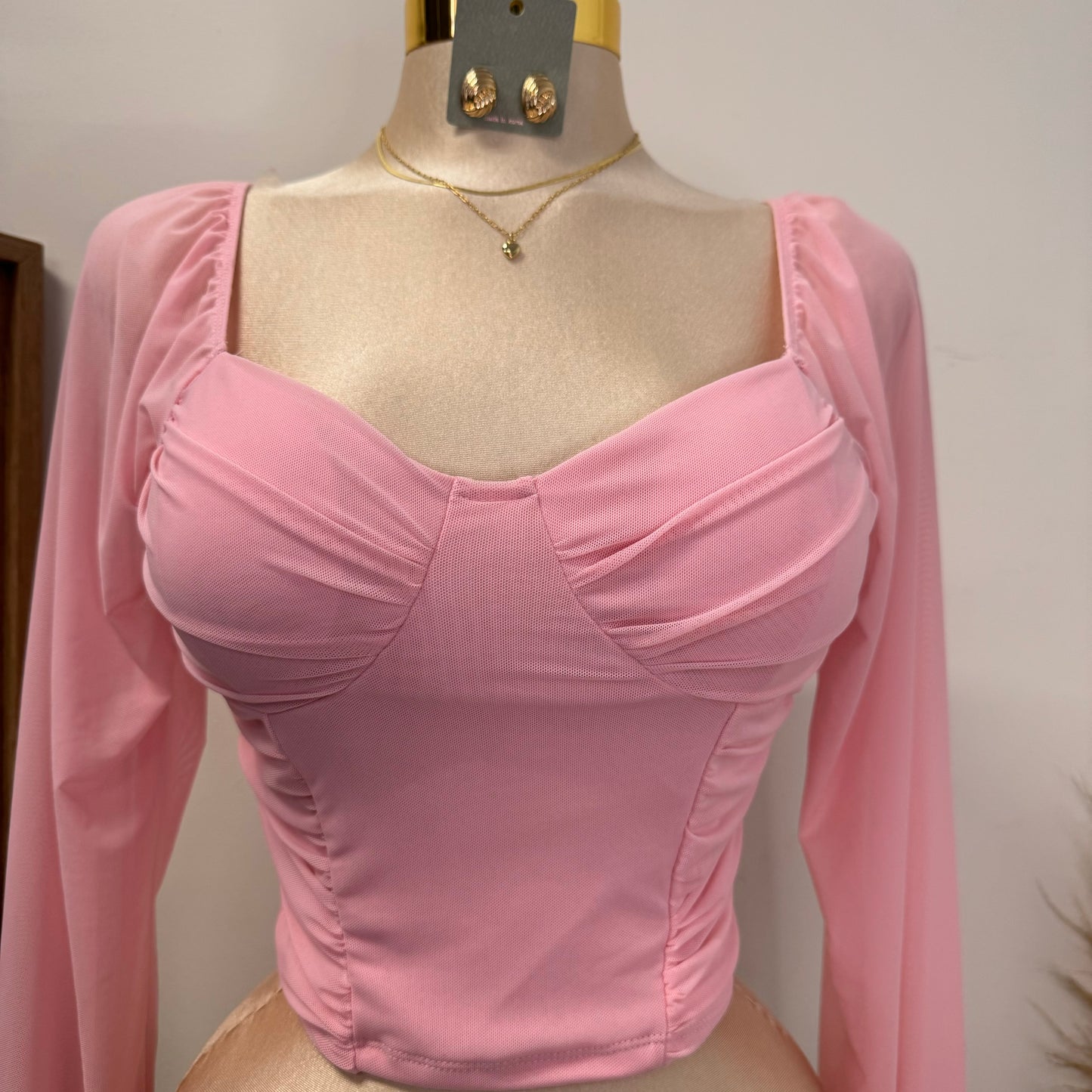 Mesh Long Sleeve Padded Bust Top-Pink