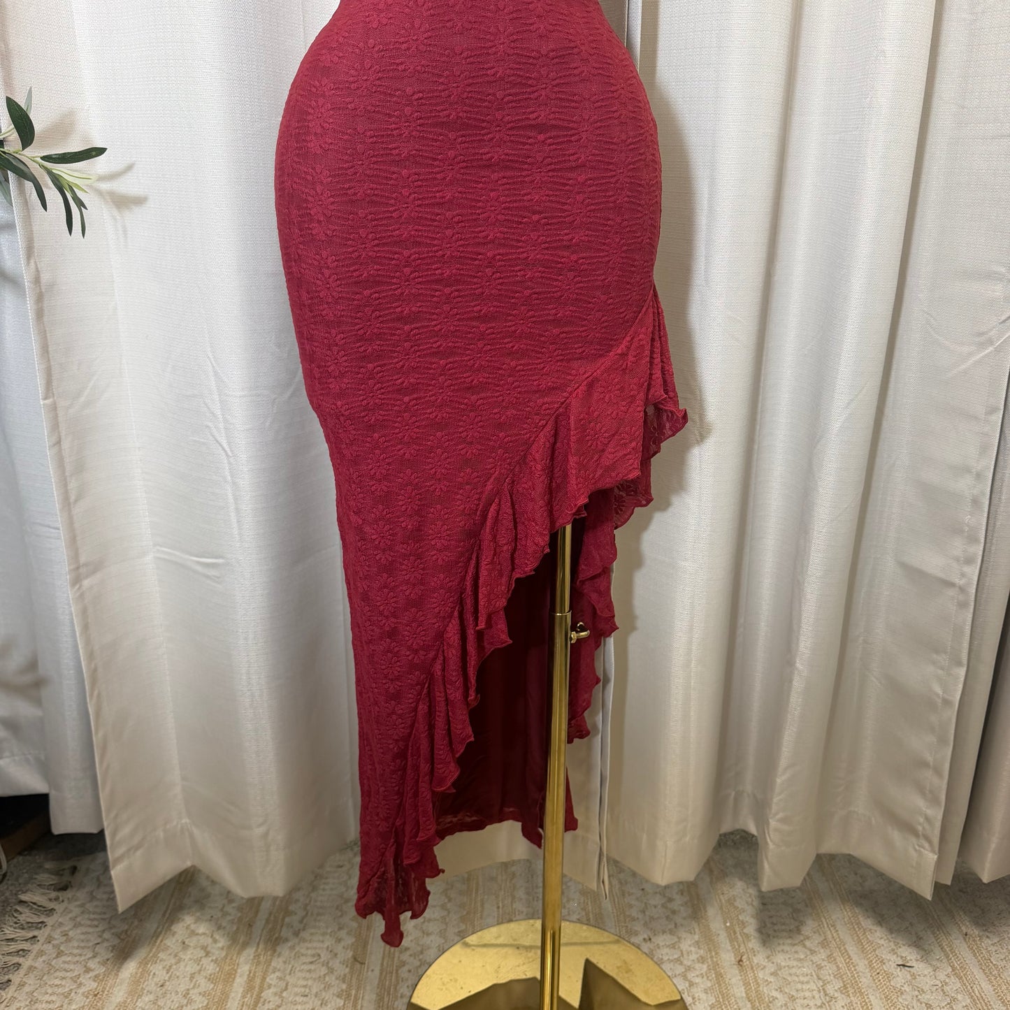 Daisy Asymmetric Skirt Midi Dress-Burgundy