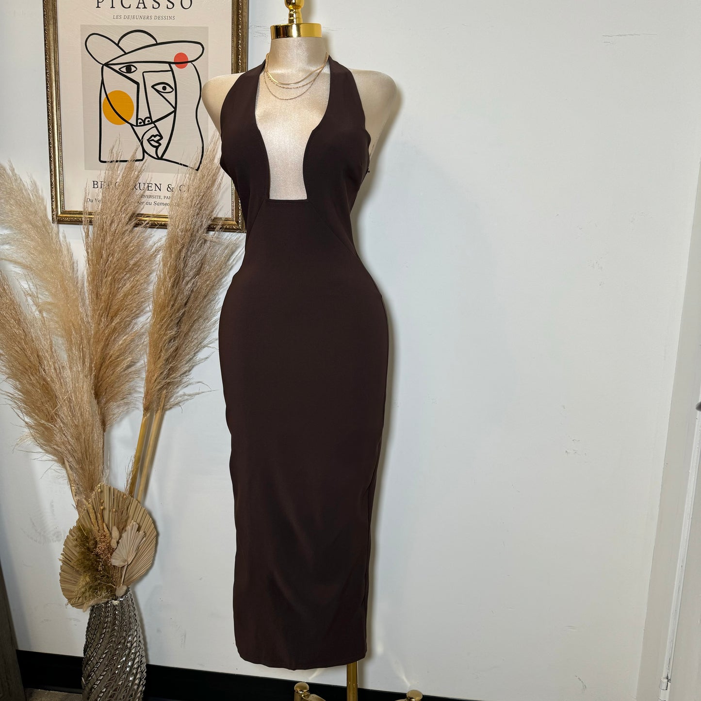 Fine Stretch Woven Halter Neck Fitted  Midi Dress-Brown