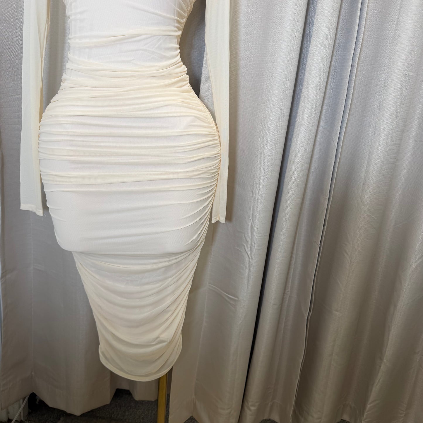Solid Mesh Mock Neck Midi Long Sleeve Dress-Cream