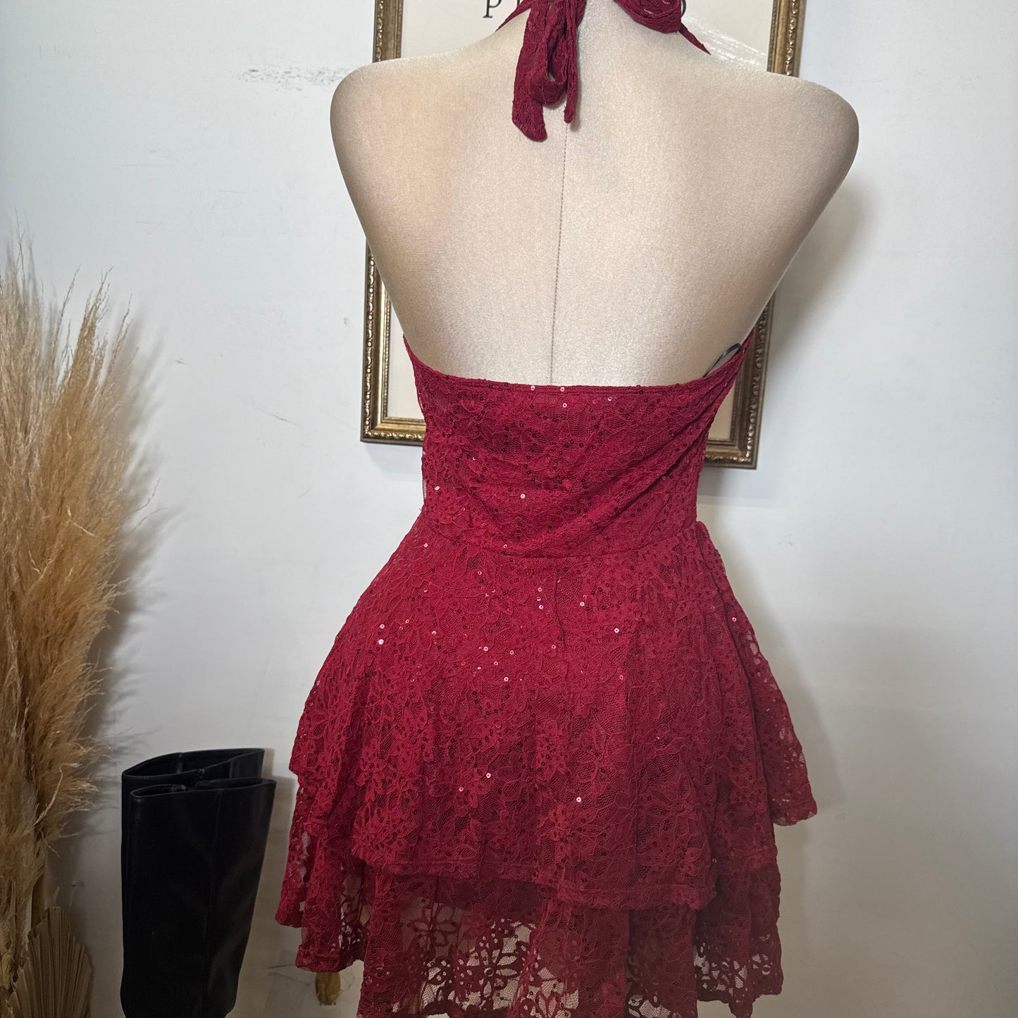 Sequined Halter Mini Dress with Tiered Skirt-Red