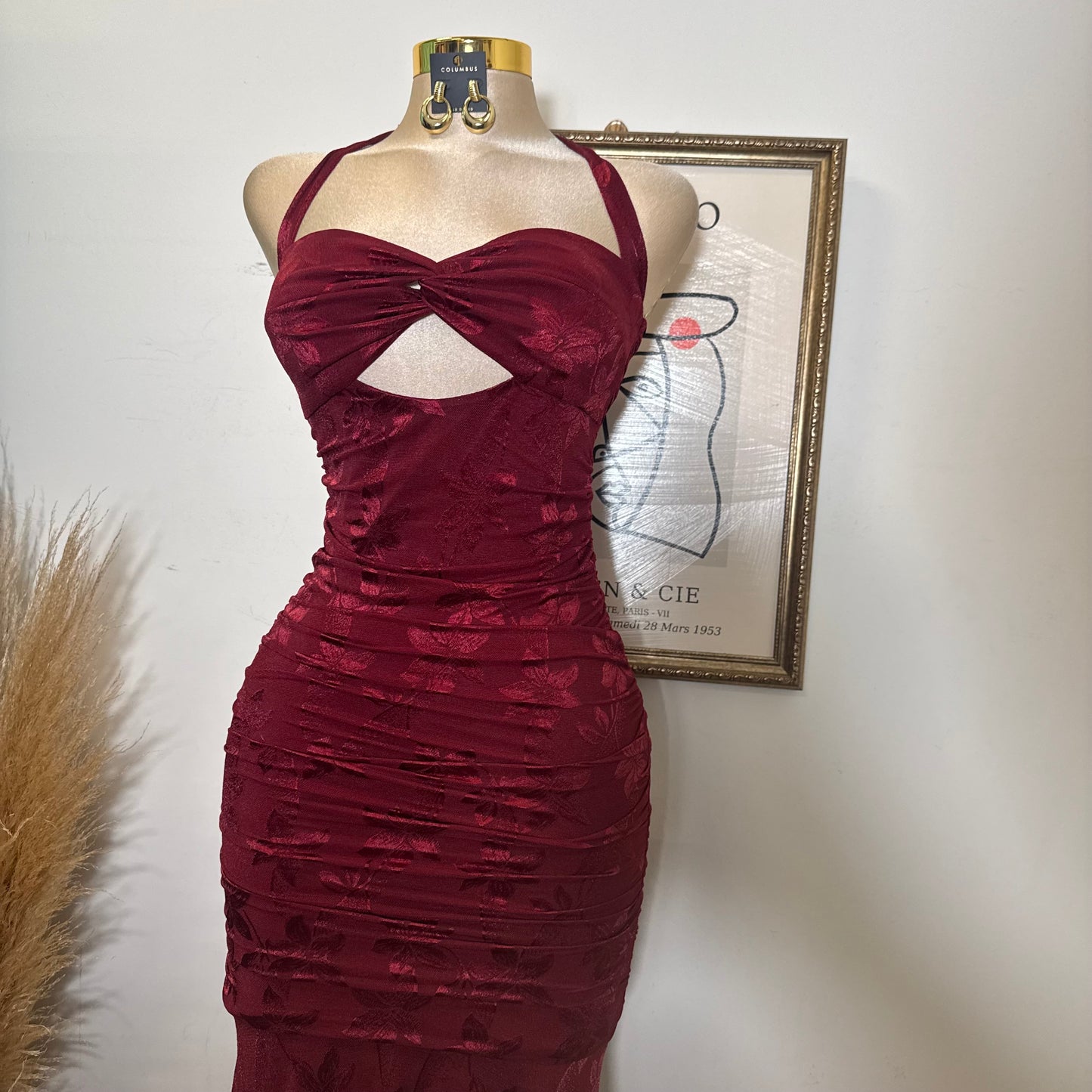 Trim accent Midi Dress-Wine