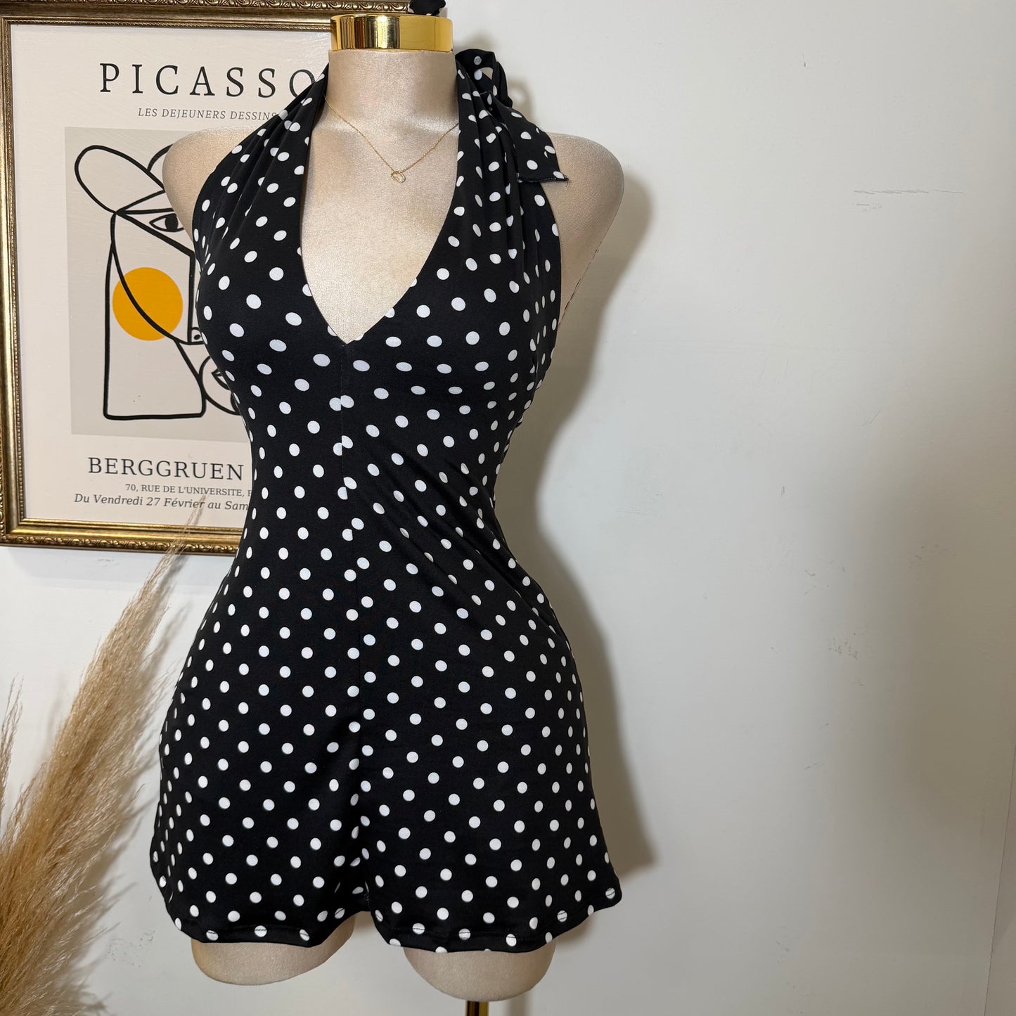 Halter Plunge V-Neck Mini Dress -Polka Dots