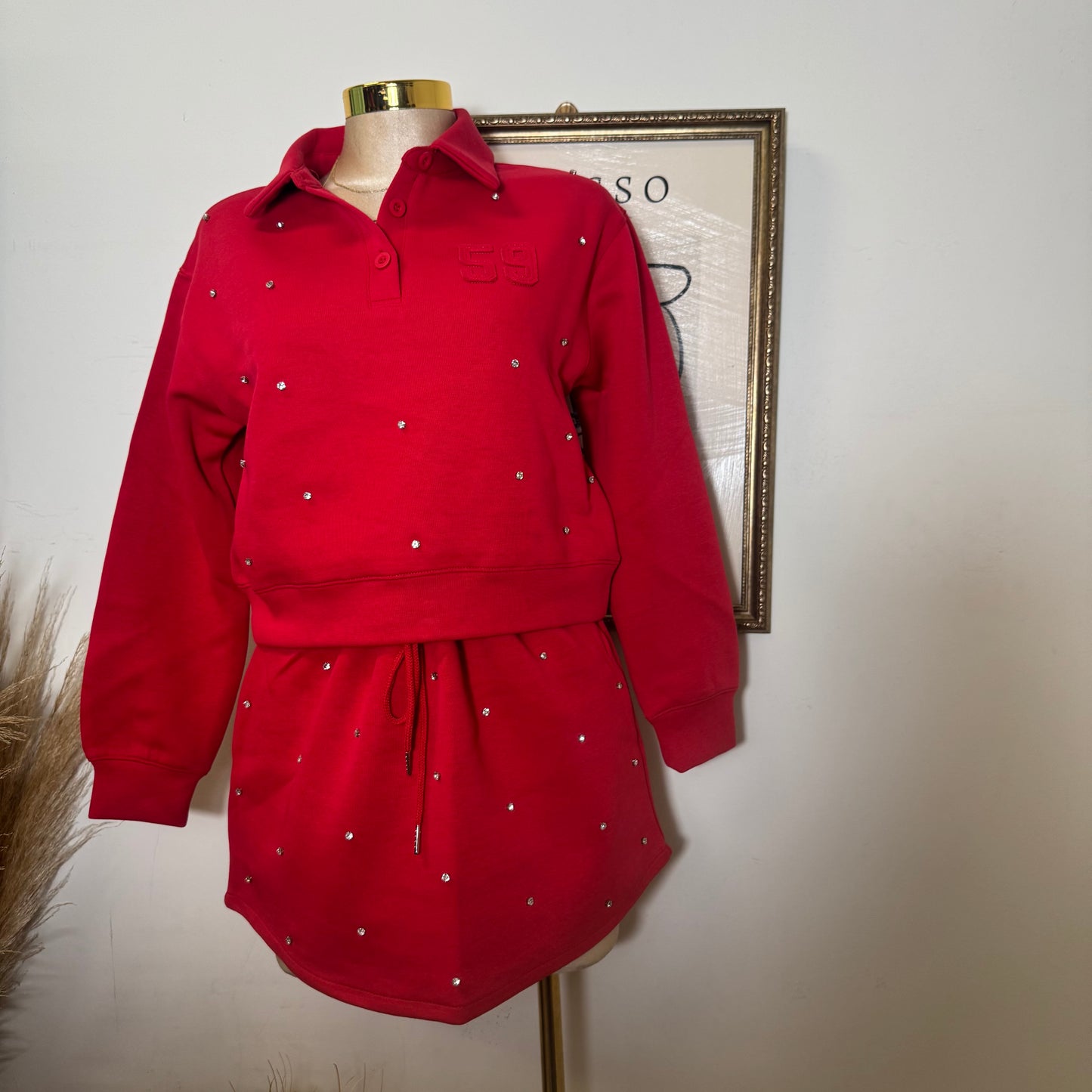 Long Sleeve Embellish scuba Polo Set-Red