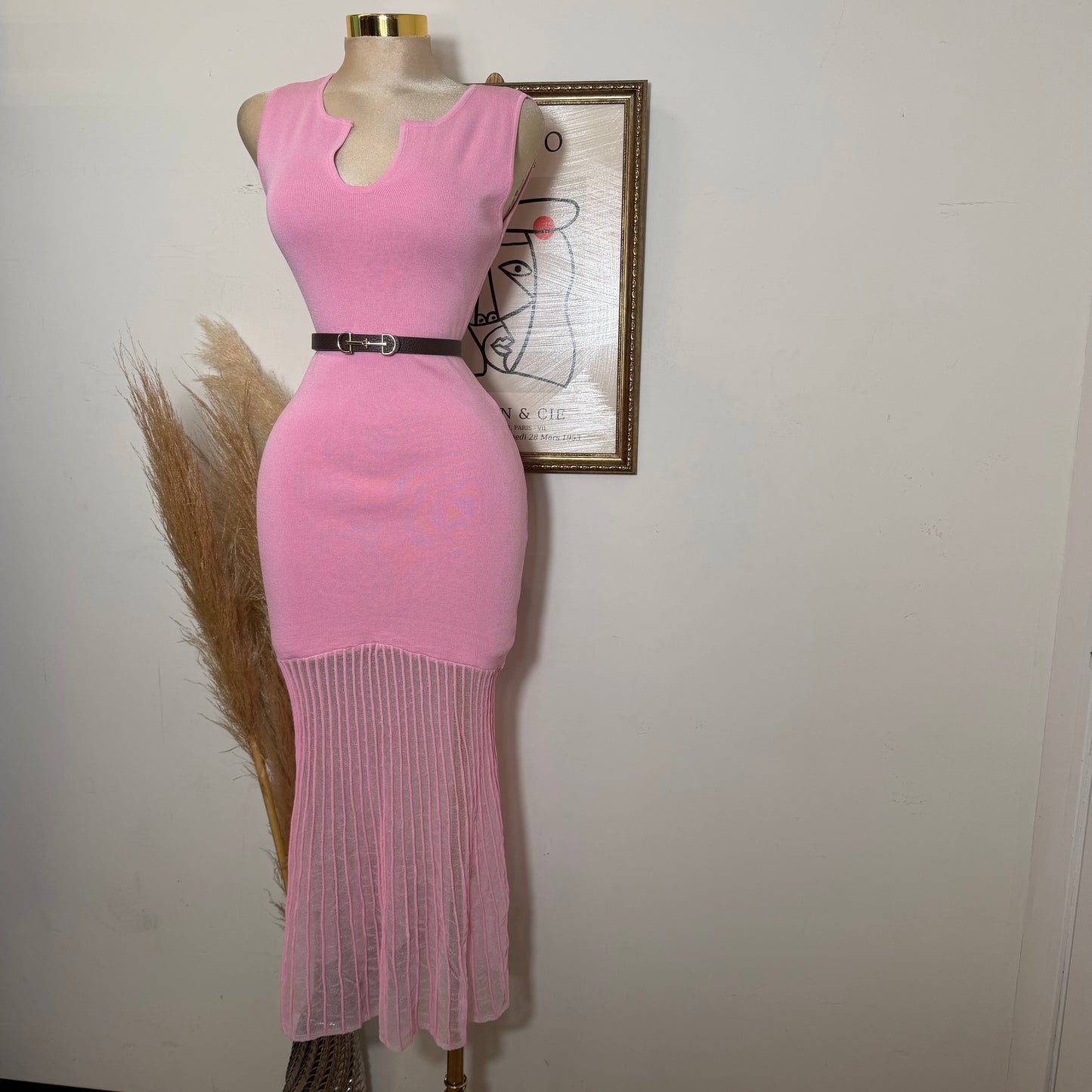 Sleeveless Maxi Knit Dress with Contrast-Pink