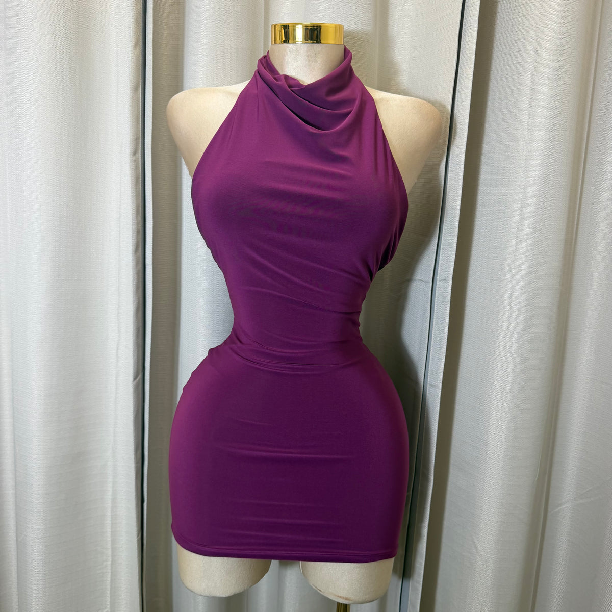 Sleeveless Halter Cowl Neckline Mini Dress-Plum