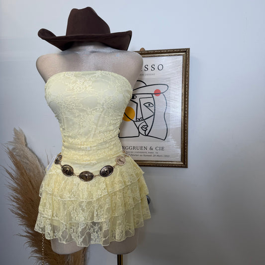 Floral Lace Ruched Triple-Layer Mini Dress-yellow