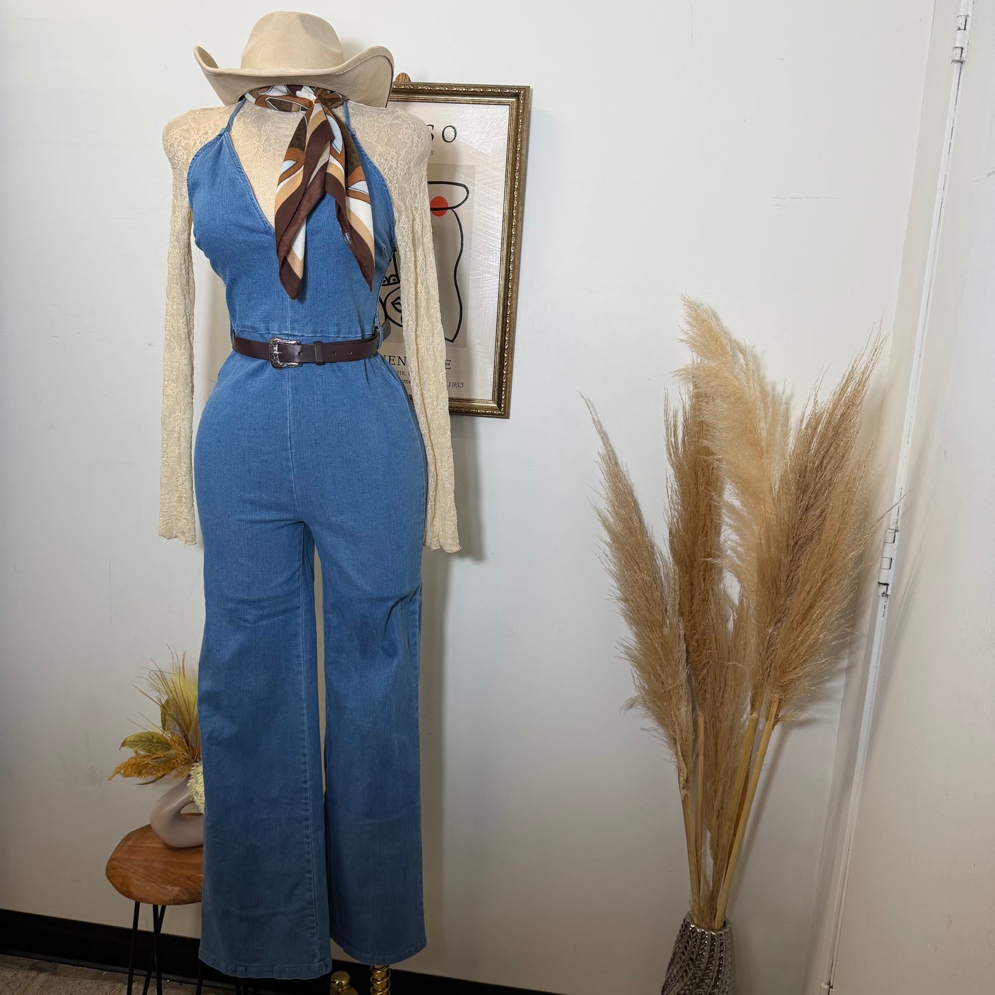 Denim Jumpsuit With Belt-Medium Blue