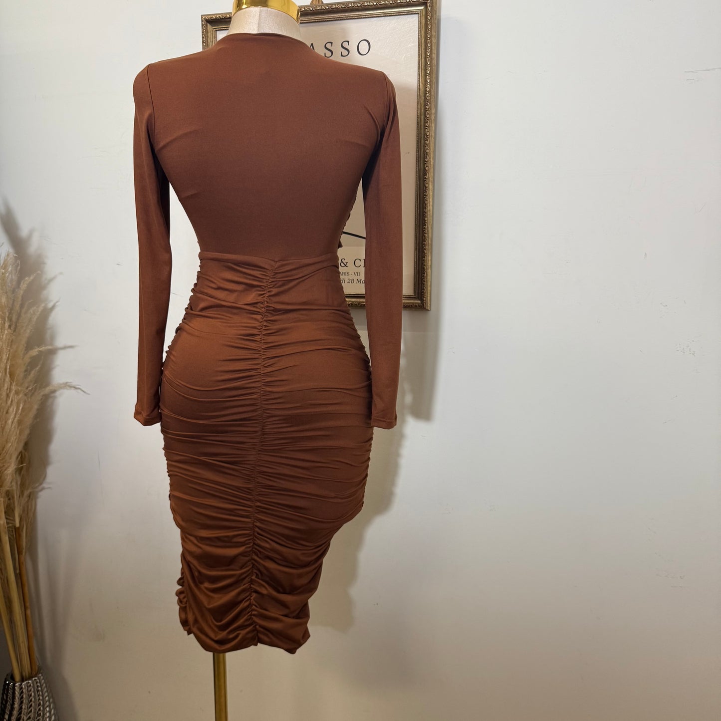 Long Sleeve Double Layered Midi Dress-Mocha