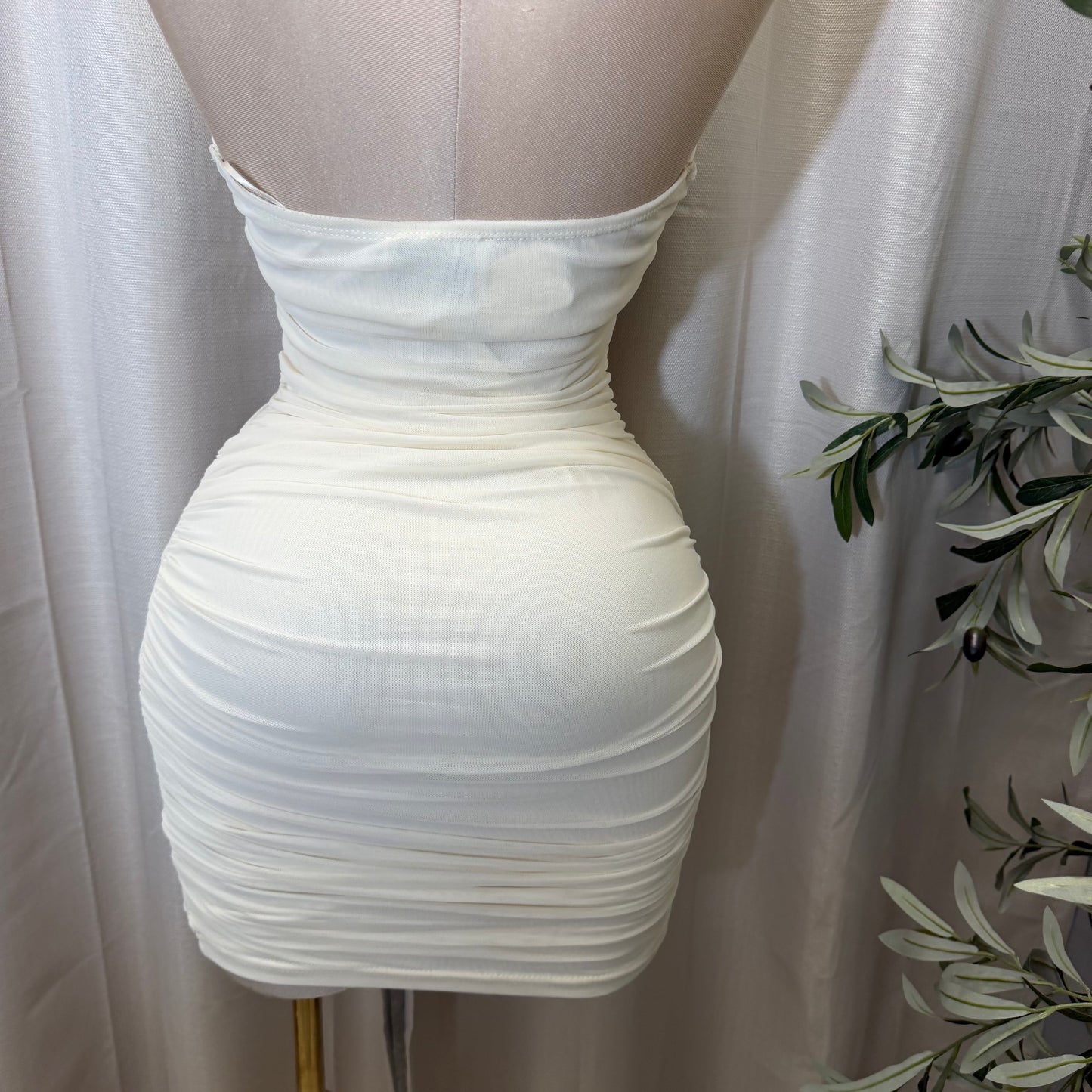 Ruched Plunging Halter Bodycon Mini Dress-Ivory