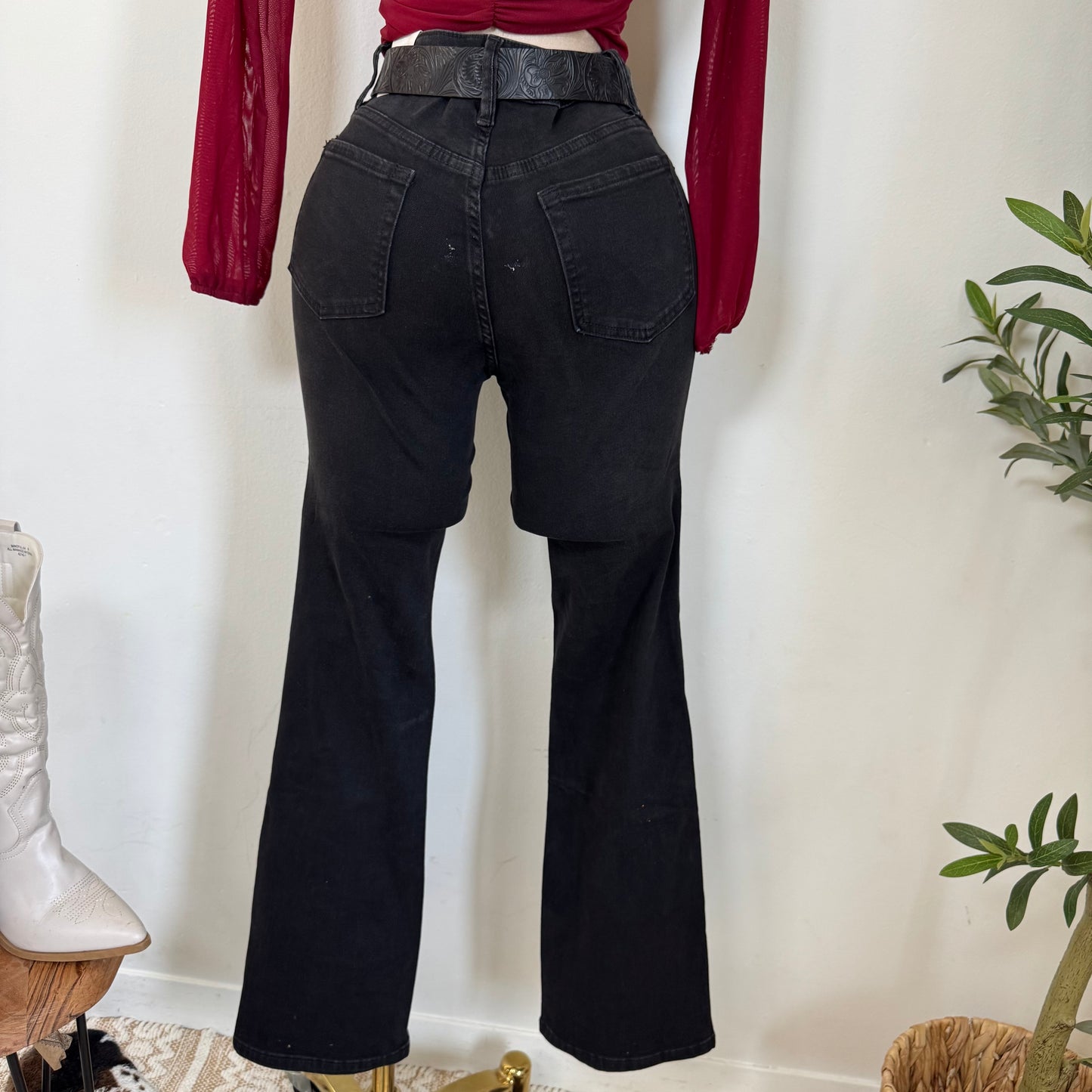 Flare Jeans with heart Belt-Black