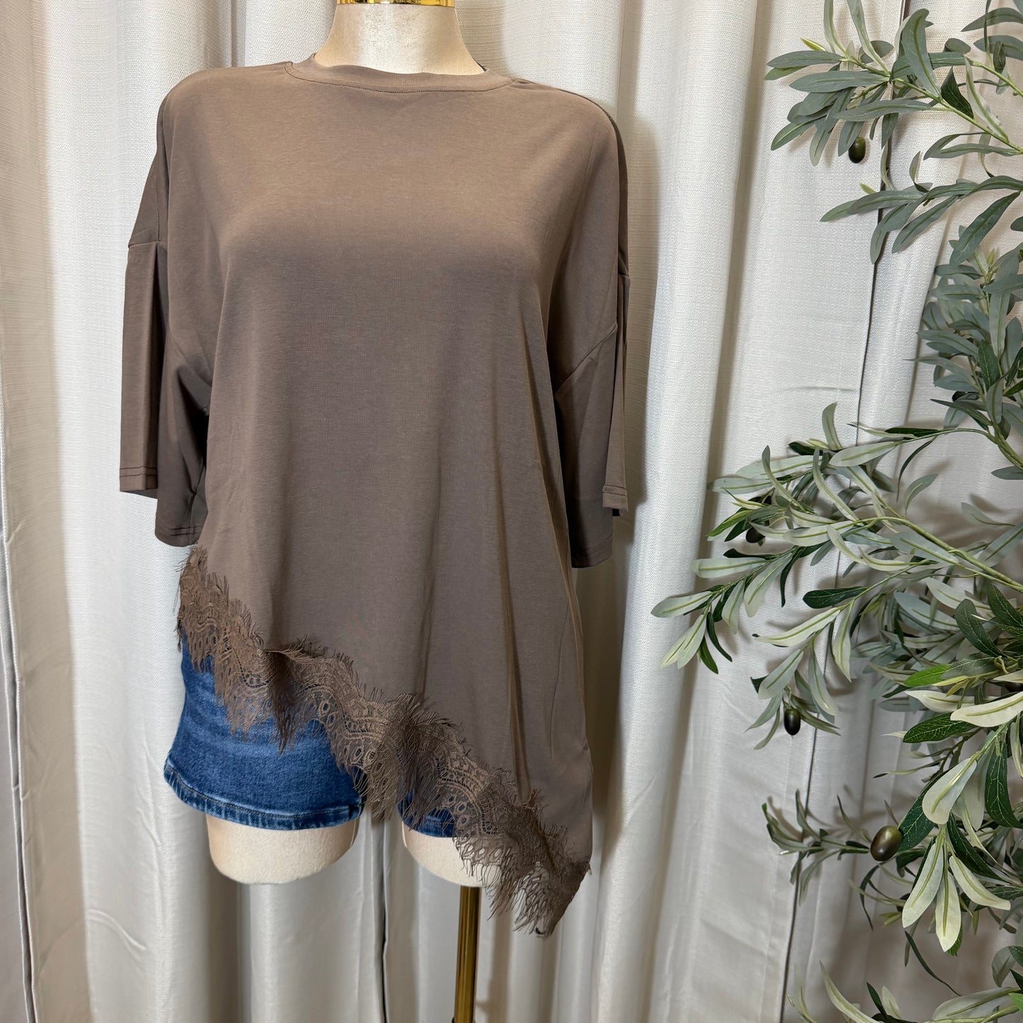 Short sleeve Lace Detail Oversize  Top-Brown