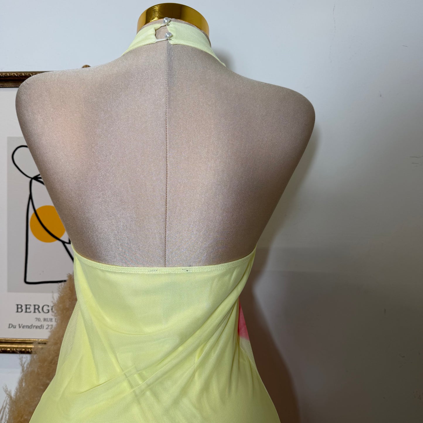Mesh Tropical Floral Print Halter Neck Button Tie Midi Dress-Yellow