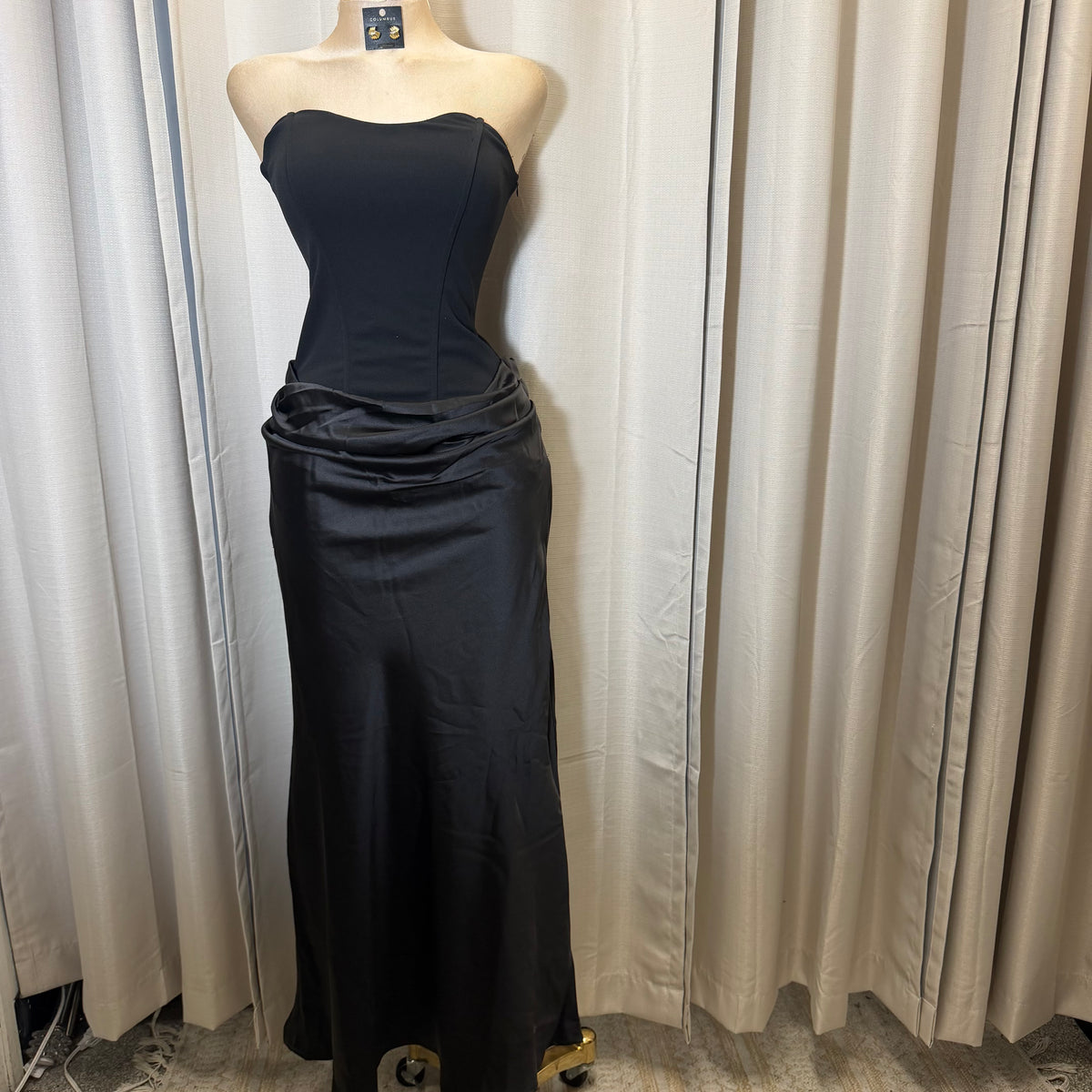 Satin Strapless Sweetheart Neckline Cowl Hip lace Maxi Dress-Black