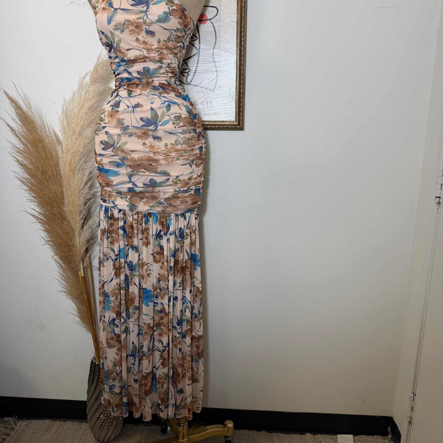 One Shoulder Mesh Maxi Dress-Brown