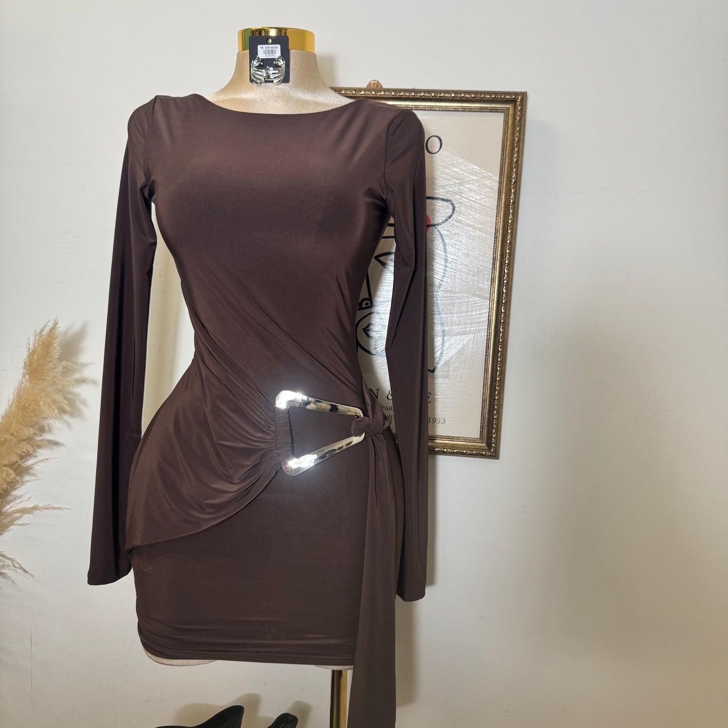 Long sleeve Drape Mini Dress-Brown