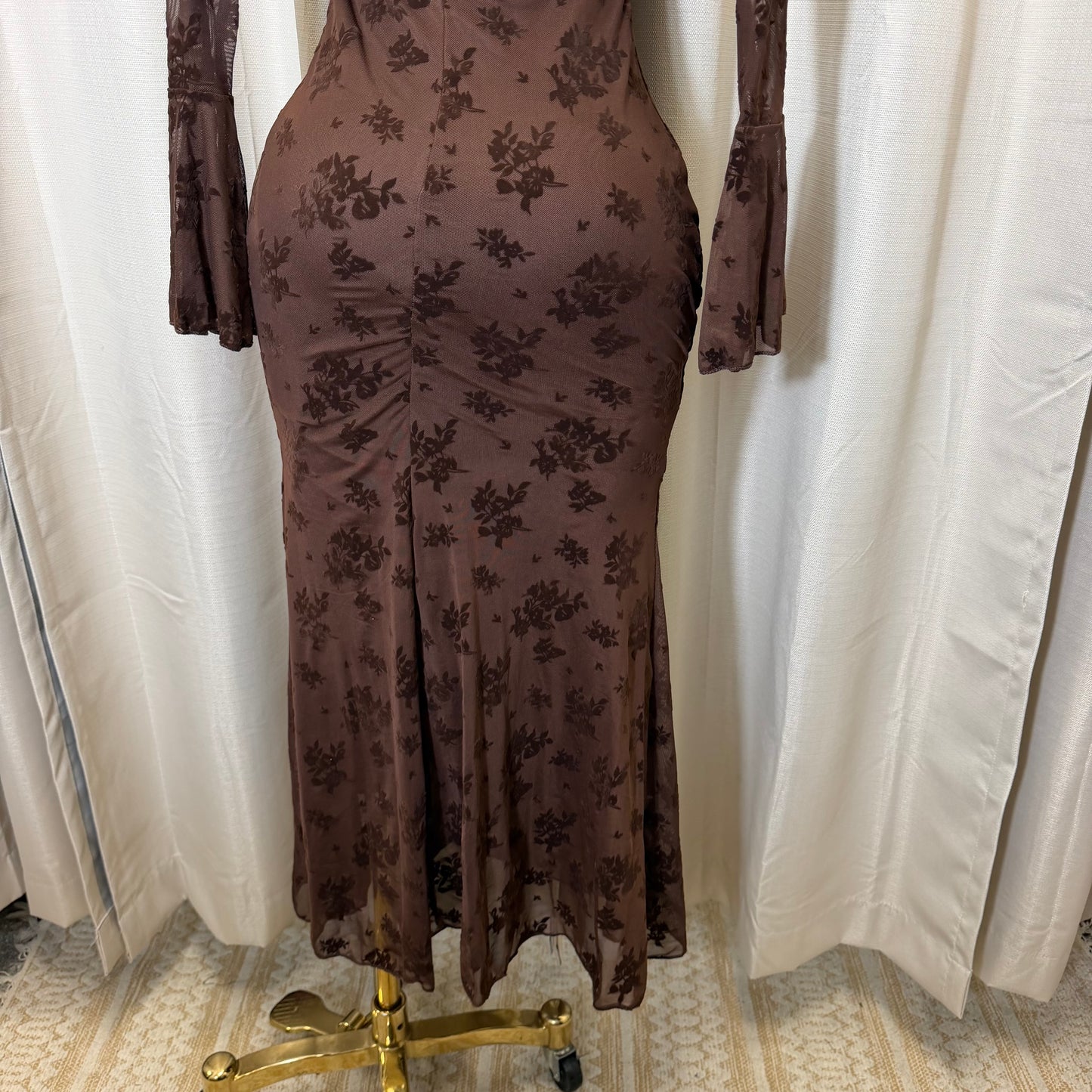 Flocked Long Sleeve Mesh off shoulder maxi Dress-Brown