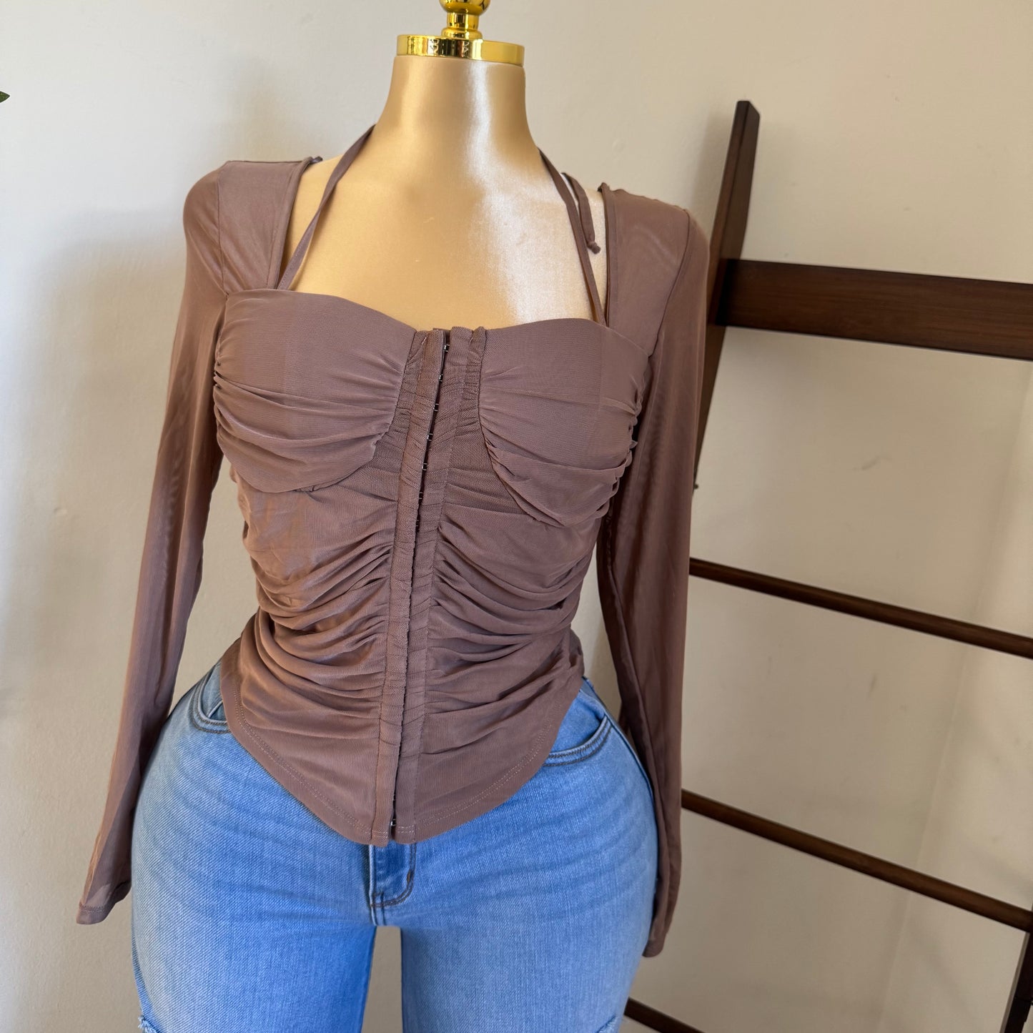 Long Sleeve Corset Top-Brown