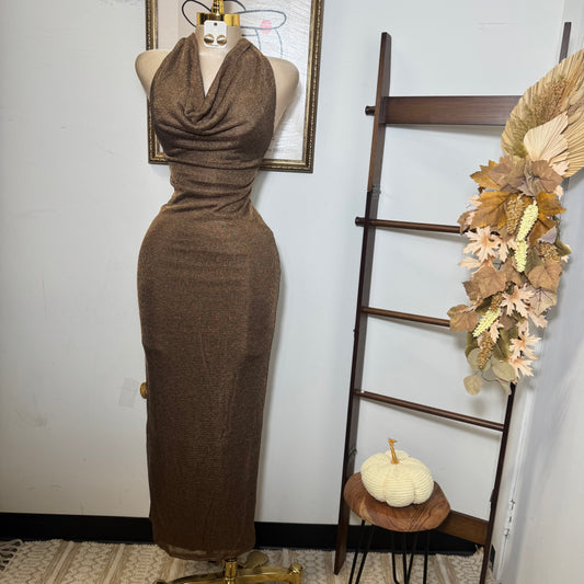 Halter Cowl Neck Metallic Knit Maxi Dress-brown