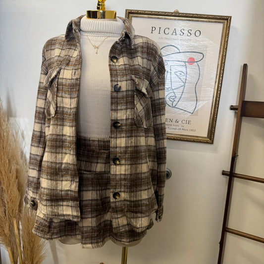 Long Sleeve Wool Blend Plaid Button Down Casual Jacket-Taupe